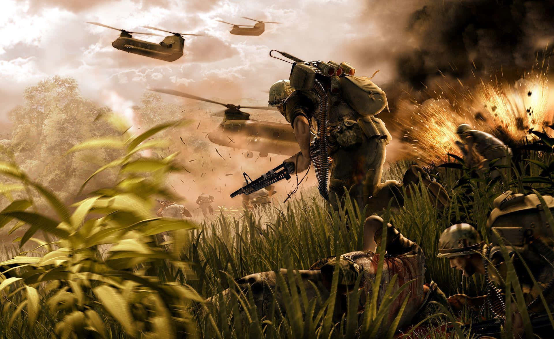 video games 桌布 壁紙 — 士兵在叢林地形中進行激烈戰鬥，直升機在頭頂飛過，伴隨著爆炸和煙霧。