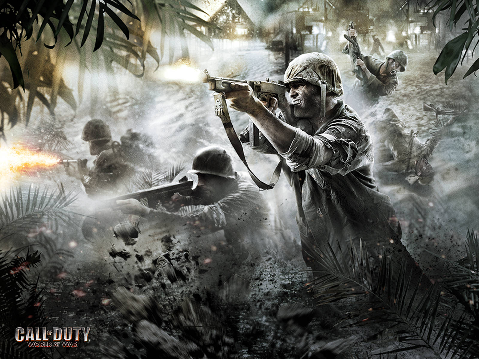 4K call of duty 桌布 壁紙 — 士兵在叢林戰中，在煙霧和樹葉中開火，呈現 gritty 的戰鬥場景。