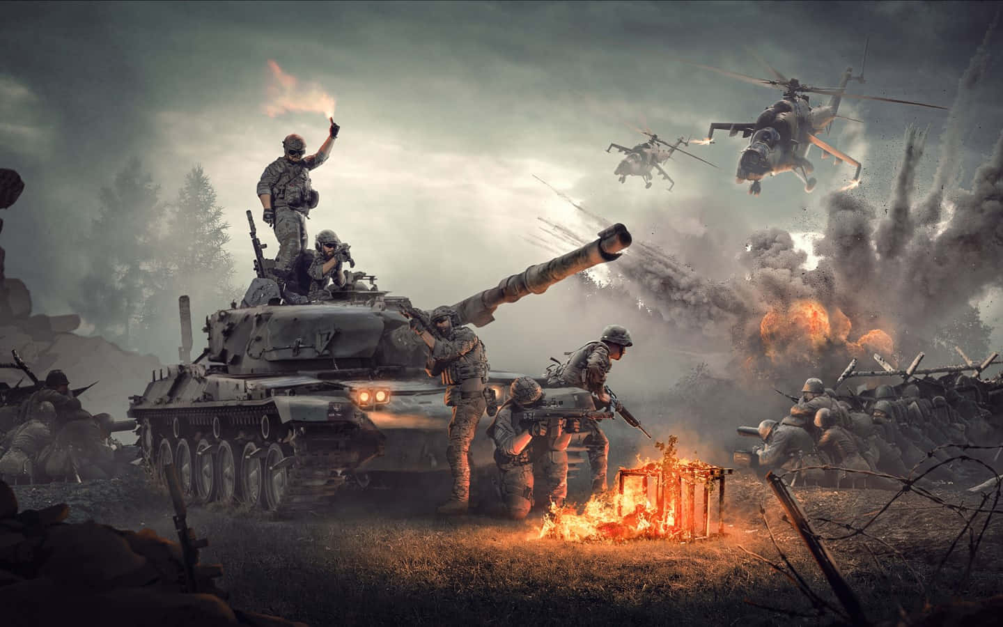 軍事動圖 桌布 壁紙 — 士兵在坦克周圍戰鬥，直升機在頭頂飛過，煙霧和火焰籠罩戰場。