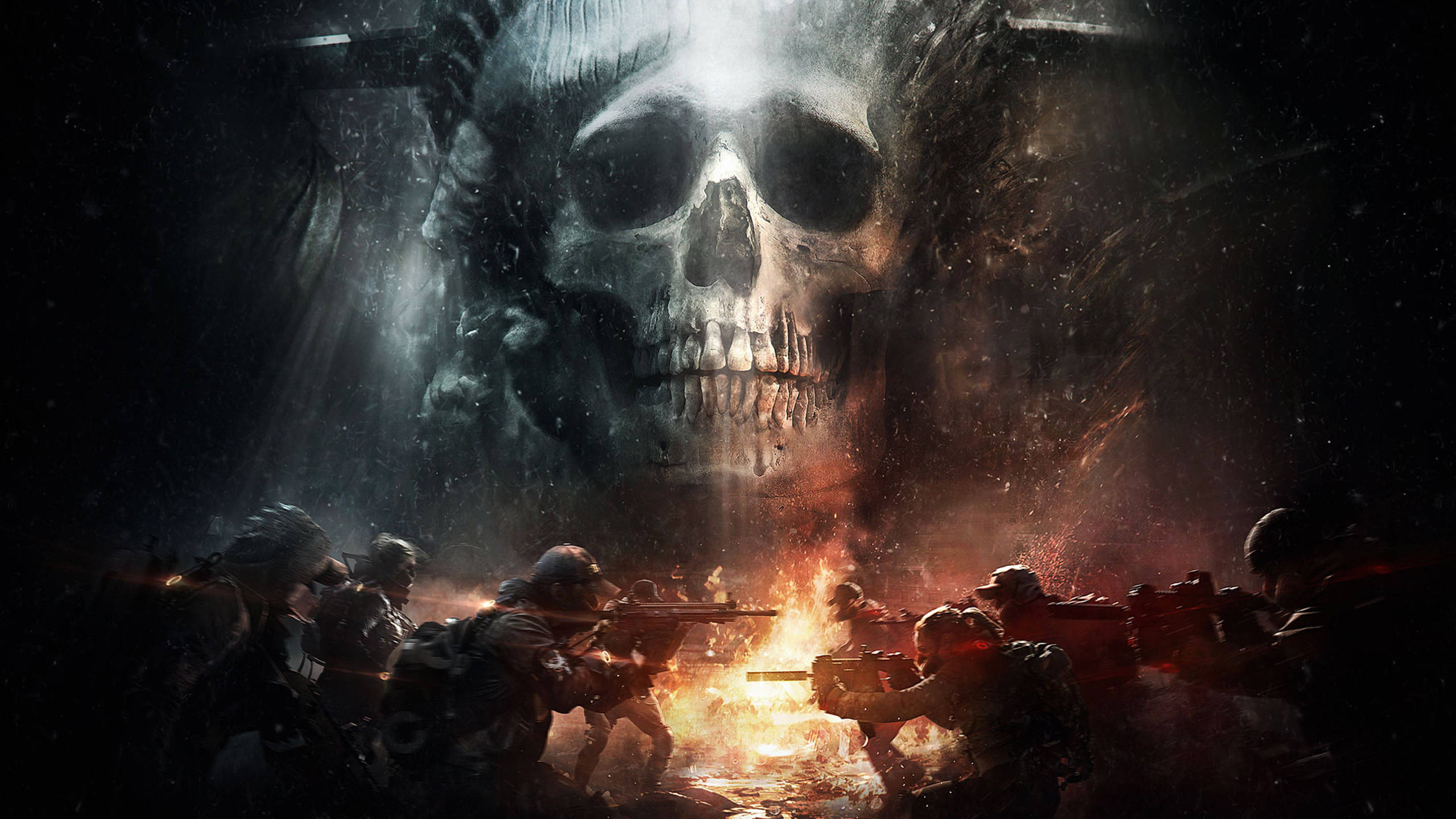 Division 桌布 壁紙 — 士兵在巨大的頭骨下戰鬥，火焰在黑暗、粗糙的戰區中爆發。