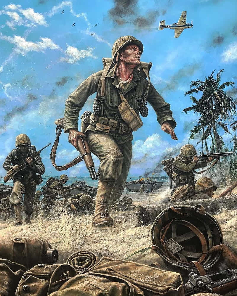 戰爭動圖 桌布 壁紙 — 士兵在明亮的藍天下，頭頂有坦克和飛機，穿越熱帶海灘戰鬥前進。