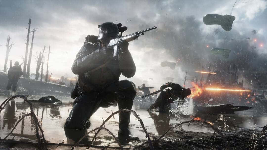 Soldiers 桌布 壁紙 — 士兵在暴風雨的天空下，穿越佈滿鐵絲網和爆炸的濕透戰場。