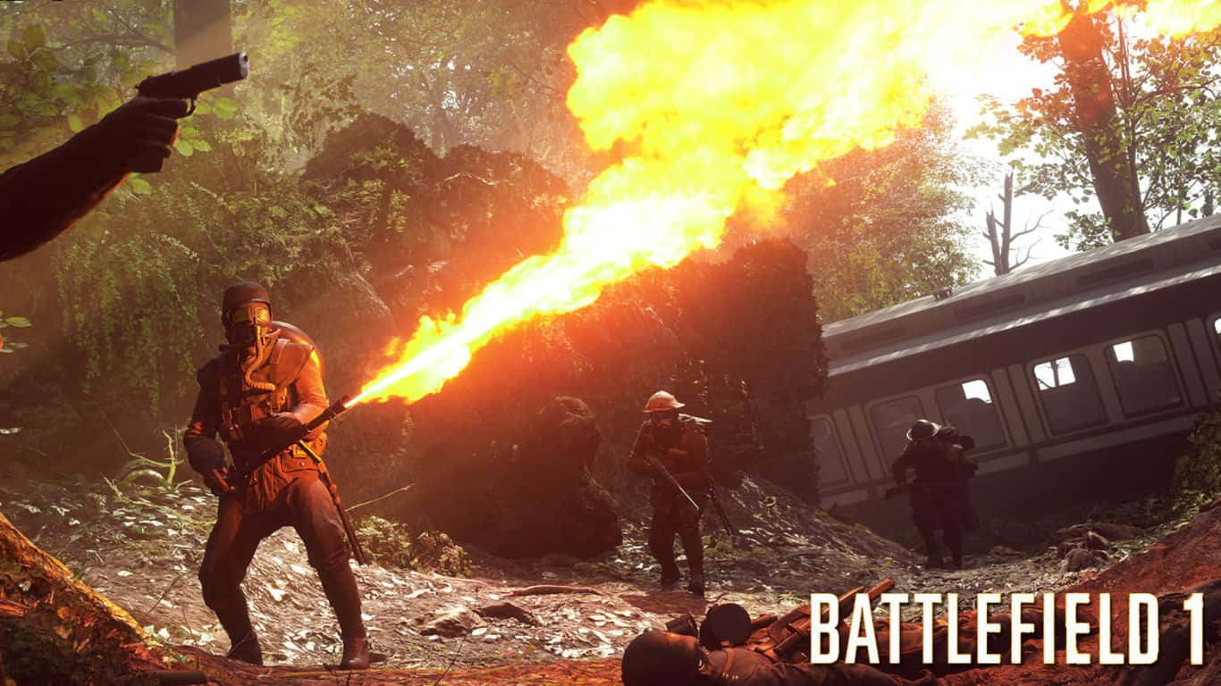 1366x768 Battlefield 1 桌布 壁紙 — 士兵在森林戰鬥中，一人向火車發射火焰噴射器，另一人用手槍瞄準。