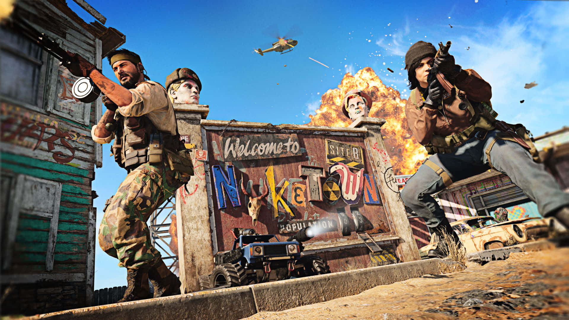 Call Of Duty 2020 桌布 壁紙 — 士兵在混亂的末日後小鎮中，在「Welcome to Nuketown」標誌附近爆炸中開火。