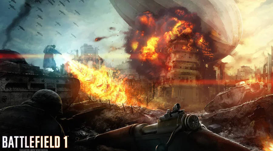 Battlefield 1 HD 桌布 壁紙 — 士兵在煙霧和碎片中，以第一人稱視角觀看燃燒的戰場，飛船和坦克爆炸。
