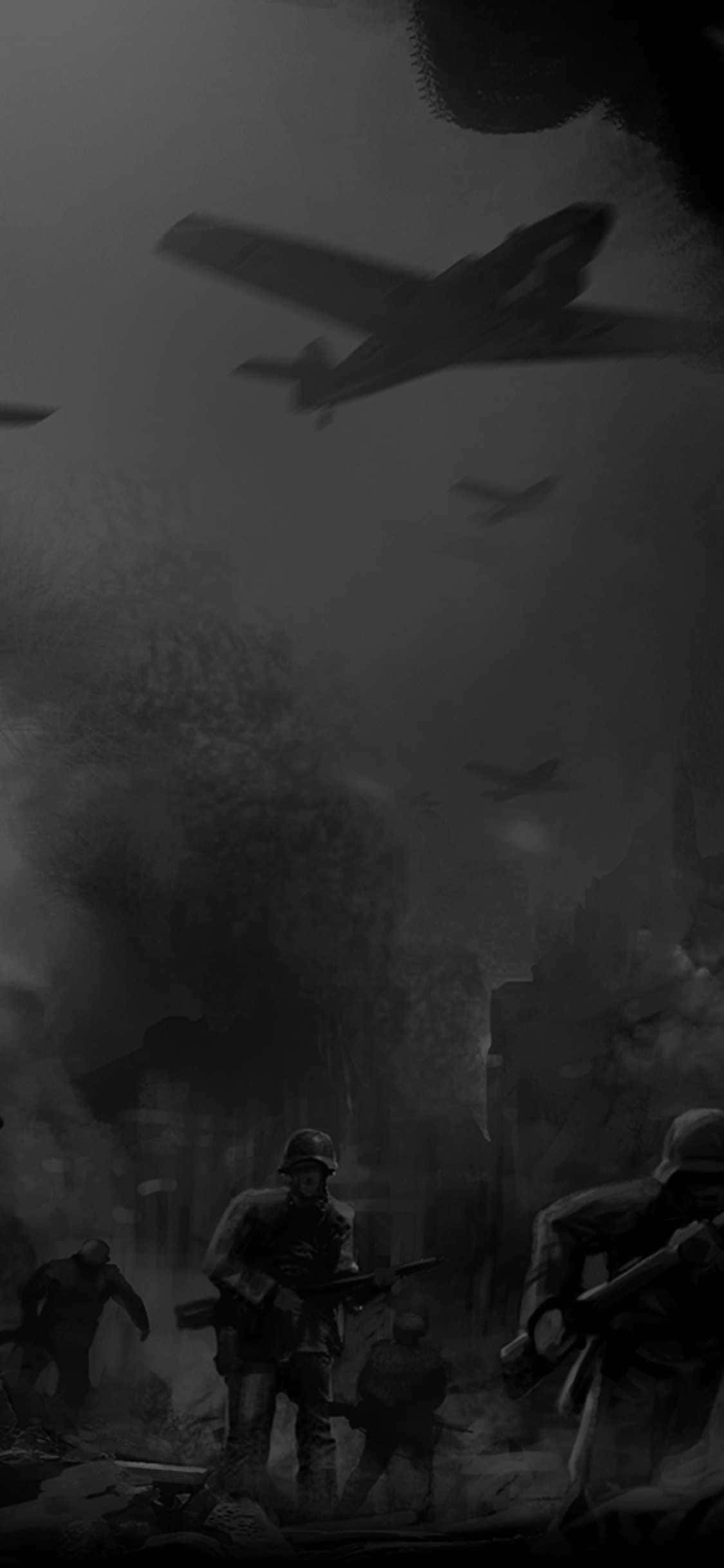 iPhone Xs Company Of Heroes 2 桌布 壁紙 — 士兵在煙霧瀰漫的廢墟中前進，戰鬥機在頭頂飛過，構成單色戰爭場景。