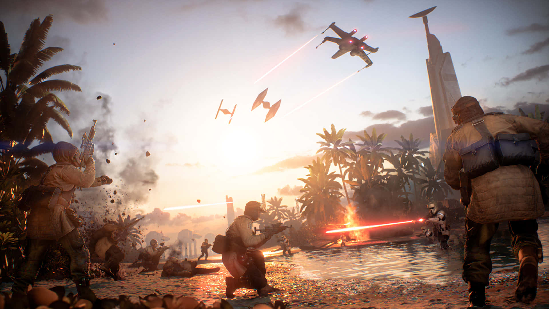 Scarif 桌布 壁紙 — 士兵在熱帶海灘上戰鬥，星際戰機在棕櫚樹和爆炸上方的日落天空中疾馳。