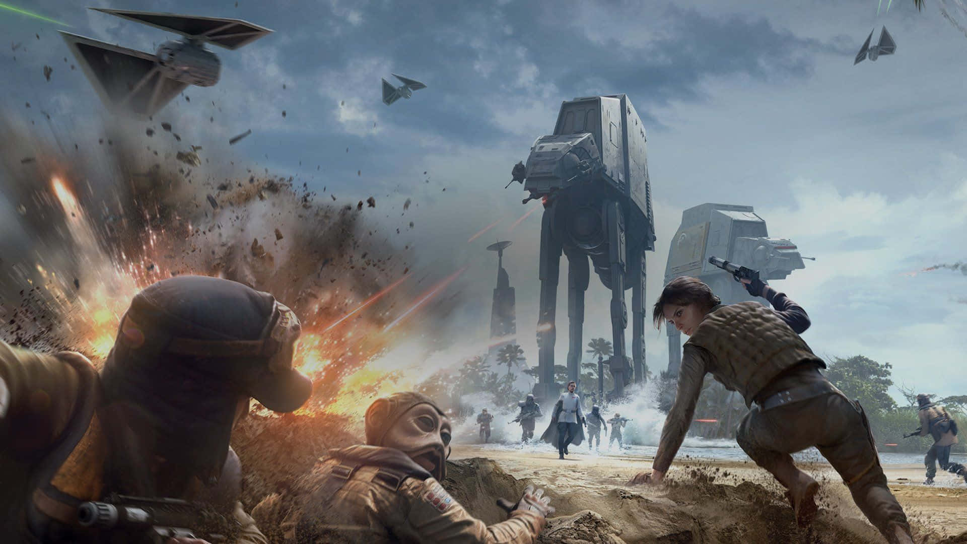 Scarif 桌布 壁紙 — 士兵在爆炸中戰鬥，AT-AT步行機在陰天下的沙漠戰場上前進。