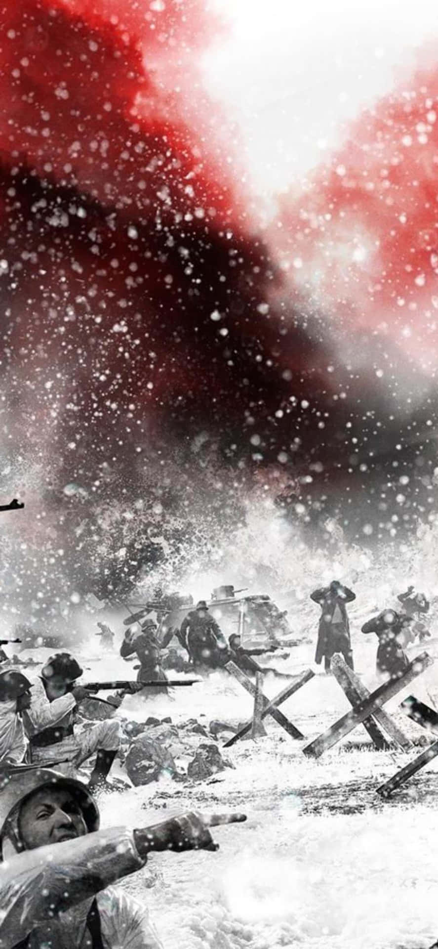 冬季戰爭期間，士兵在紅色煙霧下的積雪戰壕中作戰。 — 軍隊 壁紙