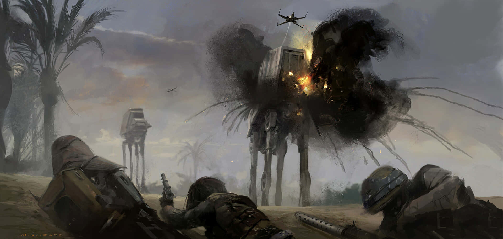 The Battle Of Scarif 桌布 壁紙 — 士兵在陰天的沙漠戰場上躲避AT-AT步行機爆炸。