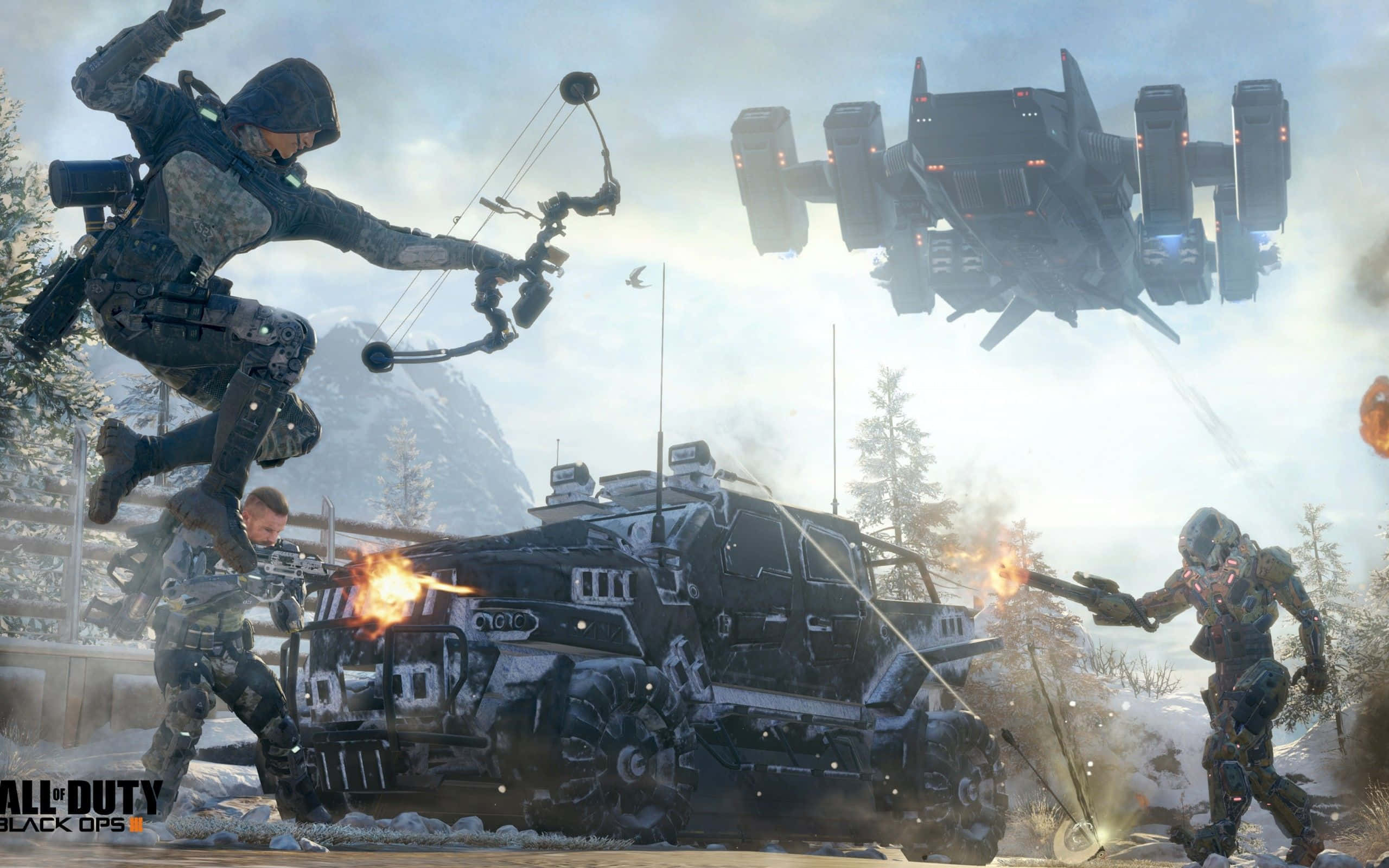 Call Of Duty Battles 桌布 壁紙 — 士兵在雪地地形中使用未來武器作戰，頭頂有飛行戰鬥車輛。