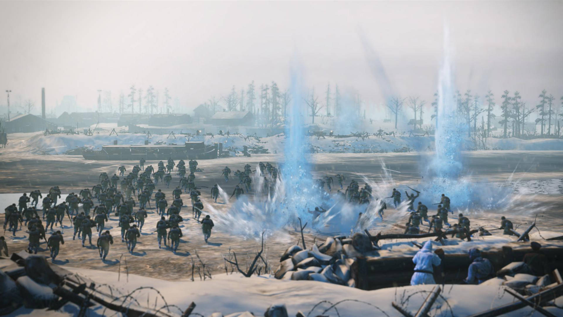heroes 桌布 壁紙 — 士兵在雪地戰場上前進，戰壕和鐵絲網附近爆發冰藍色的爆炸。