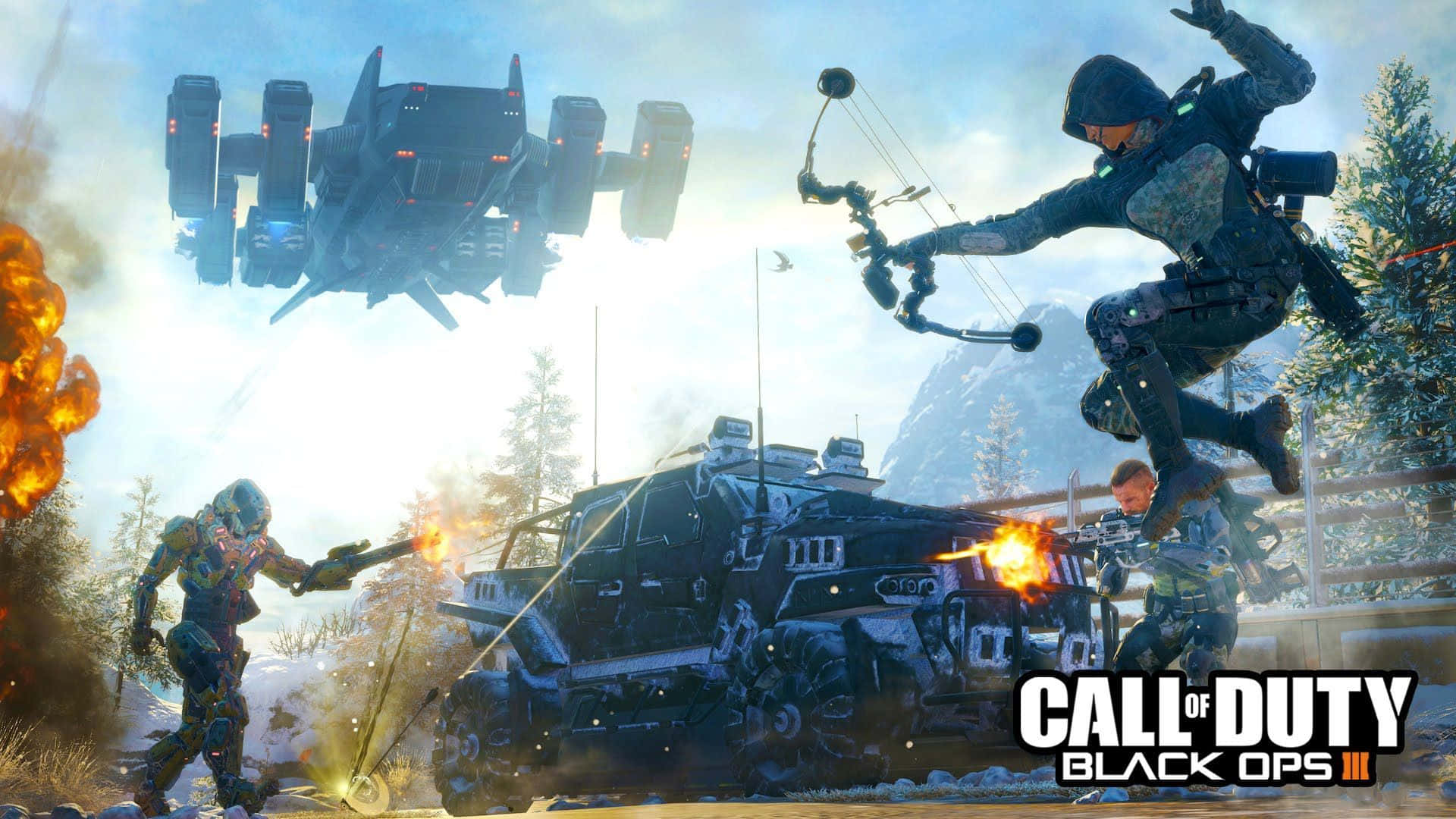 Black Ops 3 桌布 壁紙 — 士兵在雪地森林中使用未來武器和飛行機甲戰鬥，爆炸照亮天空。