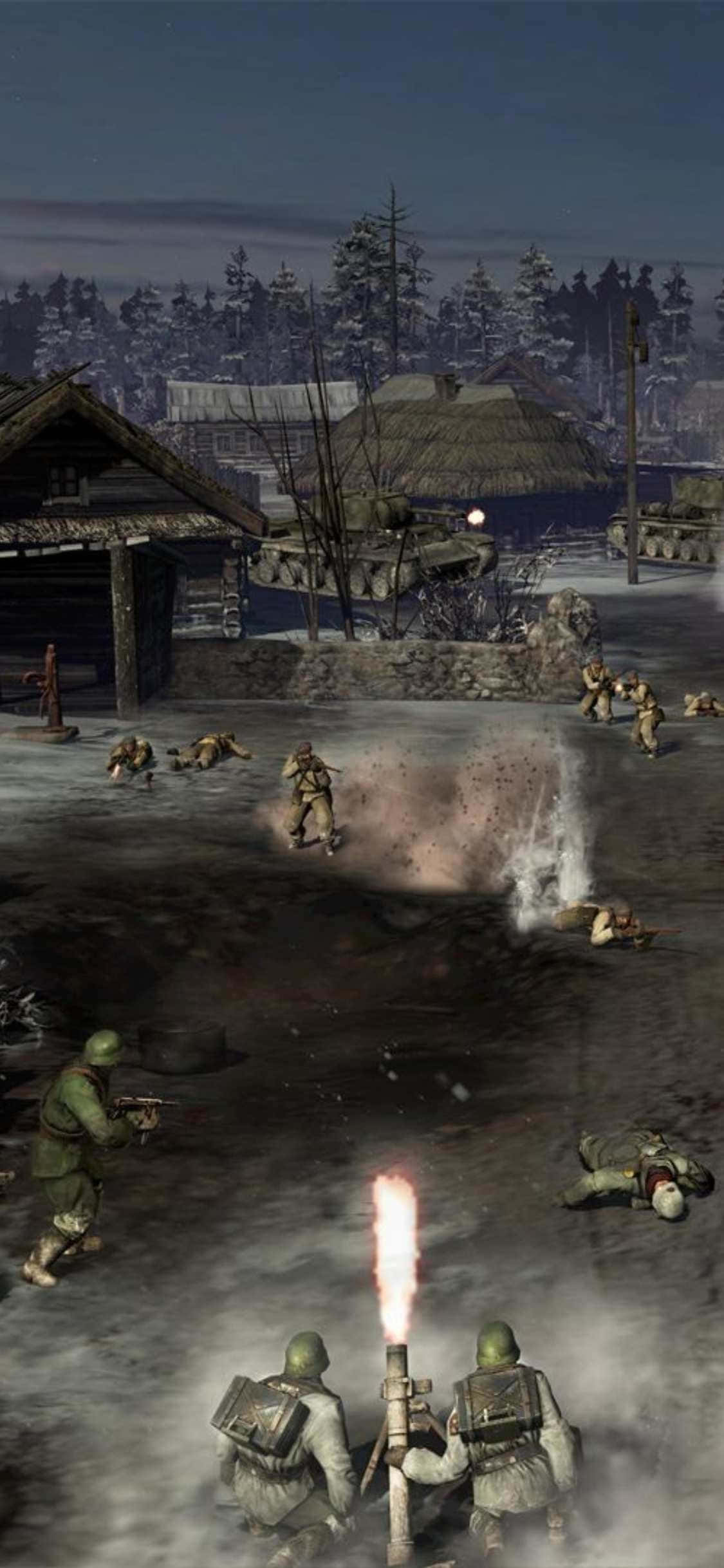 enemy 桌布 壁紙 — 士兵在雪夜村莊中戰鬥，爆炸四起，坦克在背景中隱現。