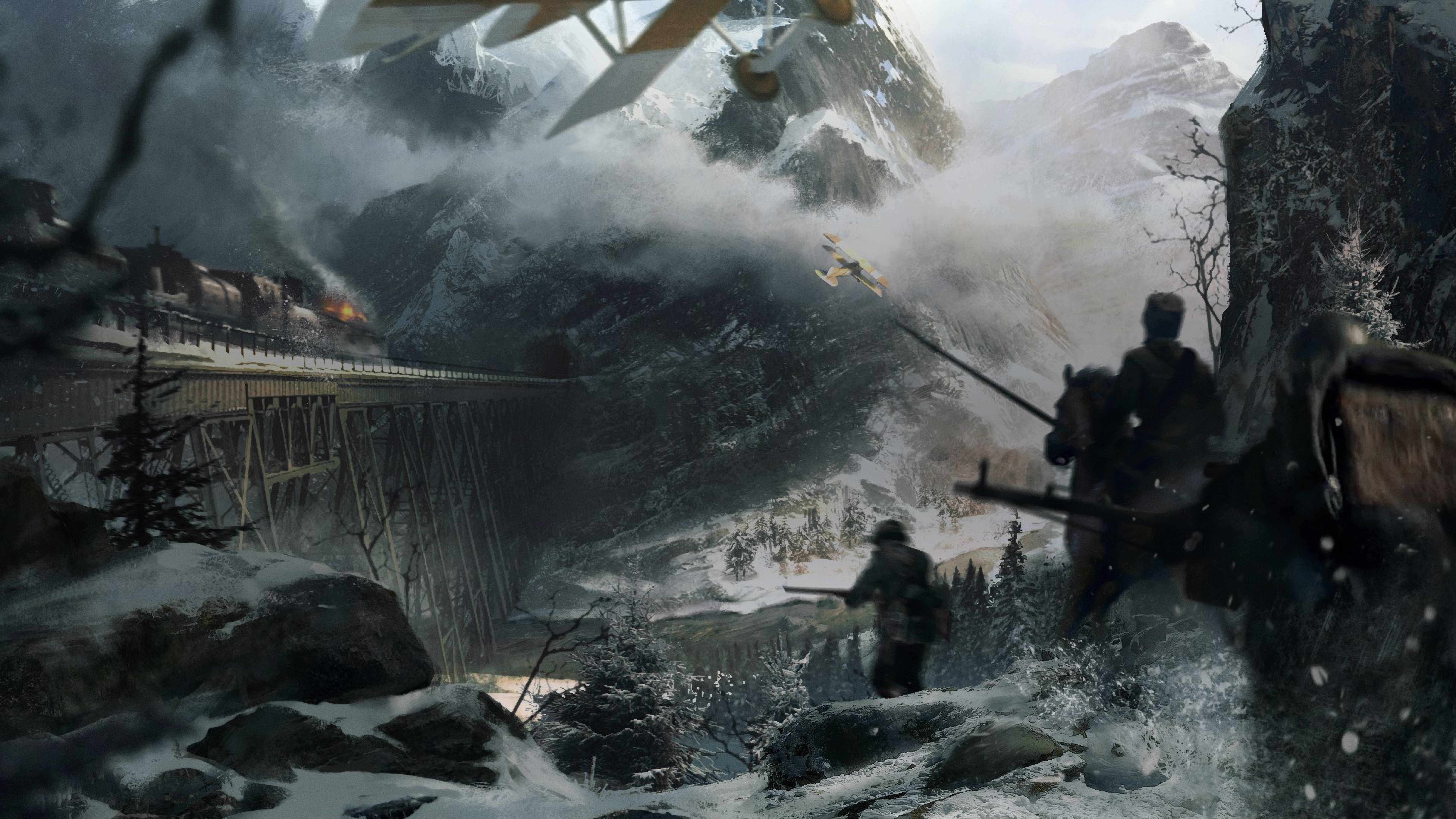 4K 戰地風雲1 桌布 壁紙 — 士兵在雪山中前進，戰鬥機在一條危險的鐵路橋上空交戰。