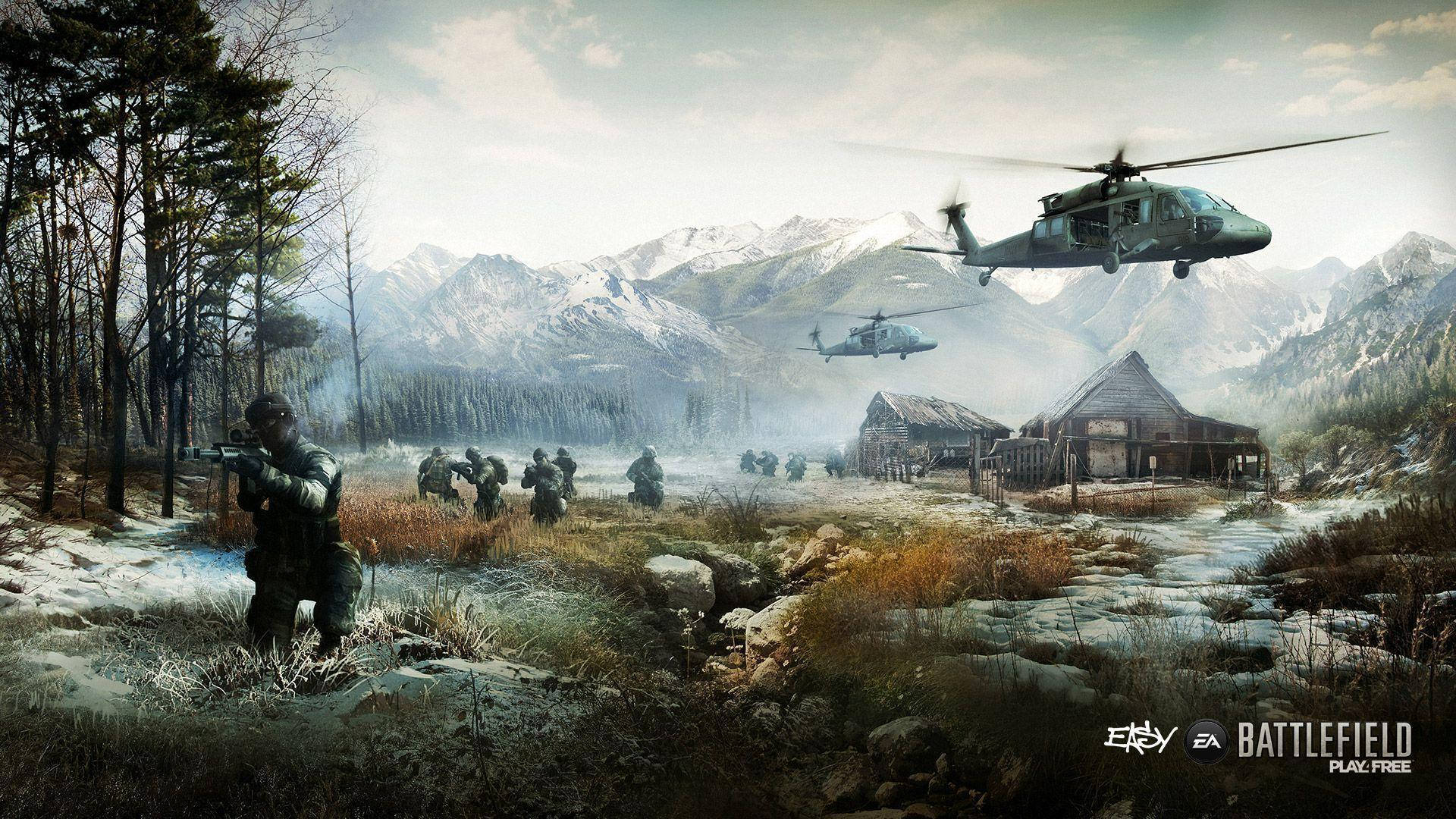 Battlefield 4 City 桌布 壁紙 — 士兵在雪山中前進，直升機在簡陋小屋上空飛過。