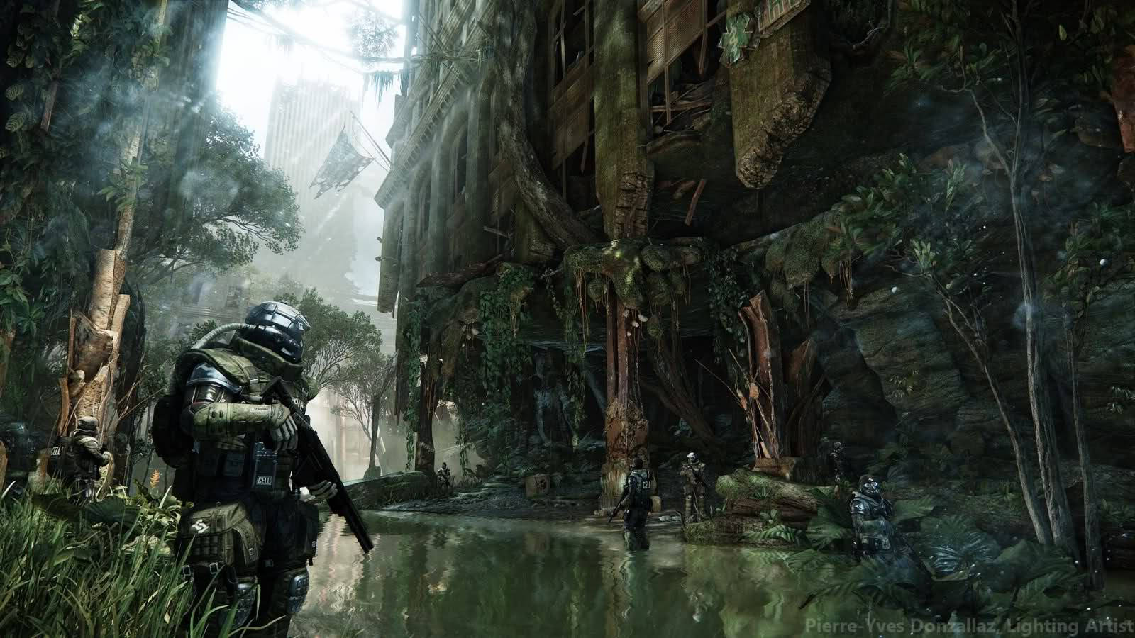 Crysis 3 桌布 壁紙 — 士兵在霧氣籠罩的光線下，穿越被洪水淹沒的廢墟，大自然正在吞噬倒塌的城市景觀。