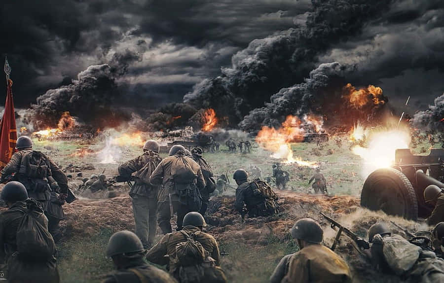 Soldiers 桌布 壁紙 — 士兵在風暴天空下，穿過充滿煙霧、火焰和爆炸的戰場前進。