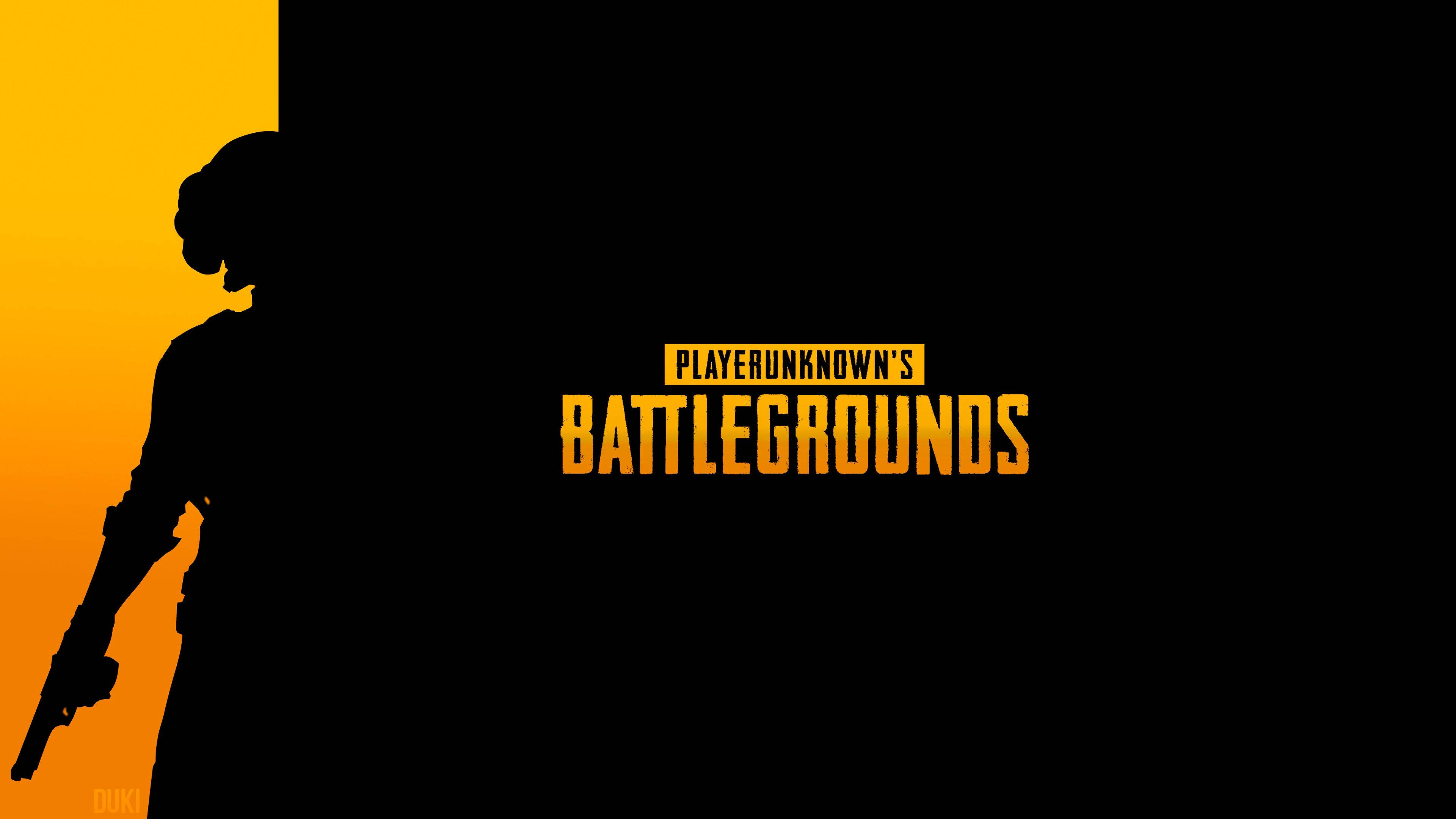 Pubg Logo 桌布 壁紙 — 士兵持槍剪影，背景為橙色漸層，並有粗體黃色文字的PUBG標誌。