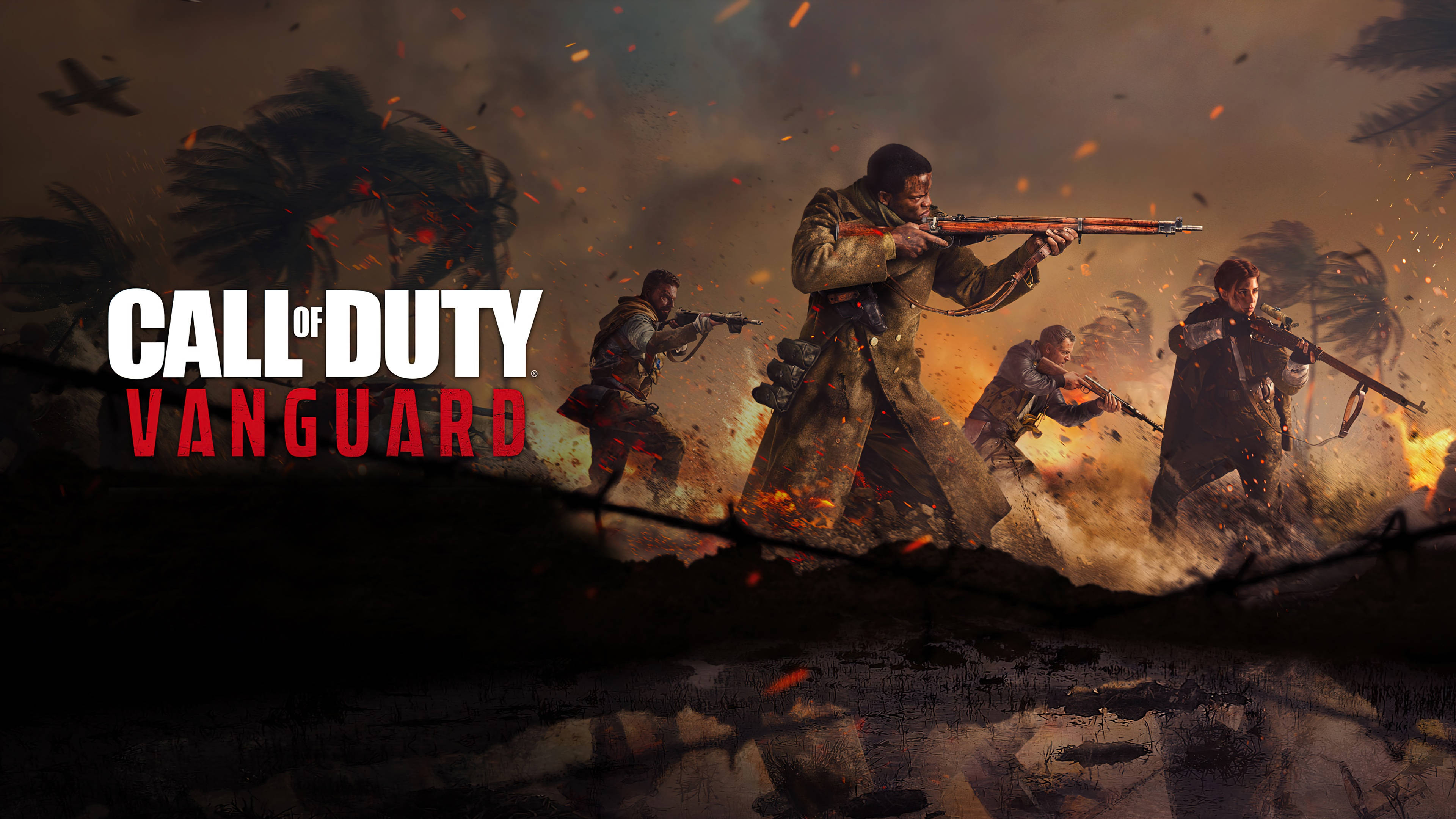Call Of Duty Vanguard 桌布 壁紙 — 士兵穿過火熱的戰場前進，前景有鐵絲網，煙霧瀰漫的背景中有棕櫚樹。