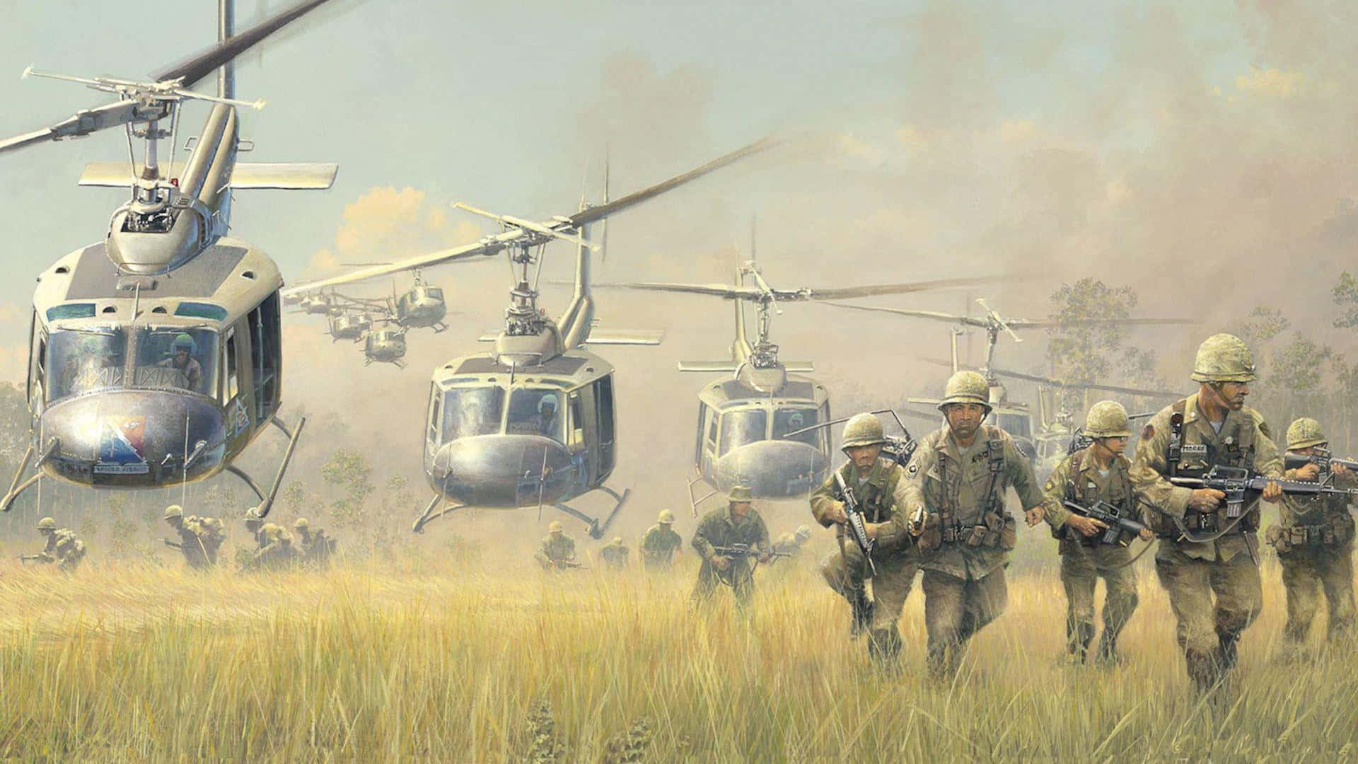 越南 桌布 壁紙 — 士兵穿過高草行進，直升機在塵土飛揚的戰場場景中盤旋在頭頂。