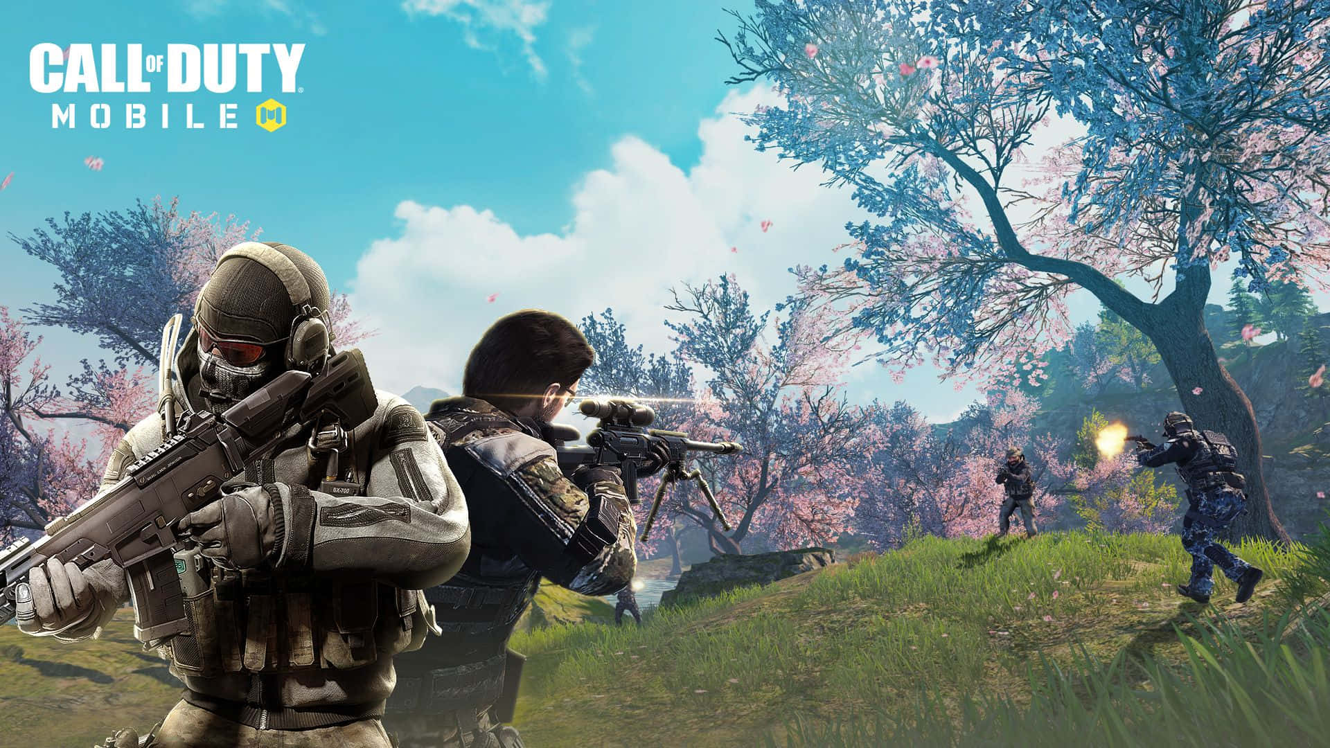 Call Of Duty Battles 桌布 壁紙 — 士兵身穿戰術裝備，在盛開的櫻花樹下，於明亮的藍天下進行戰鬥。