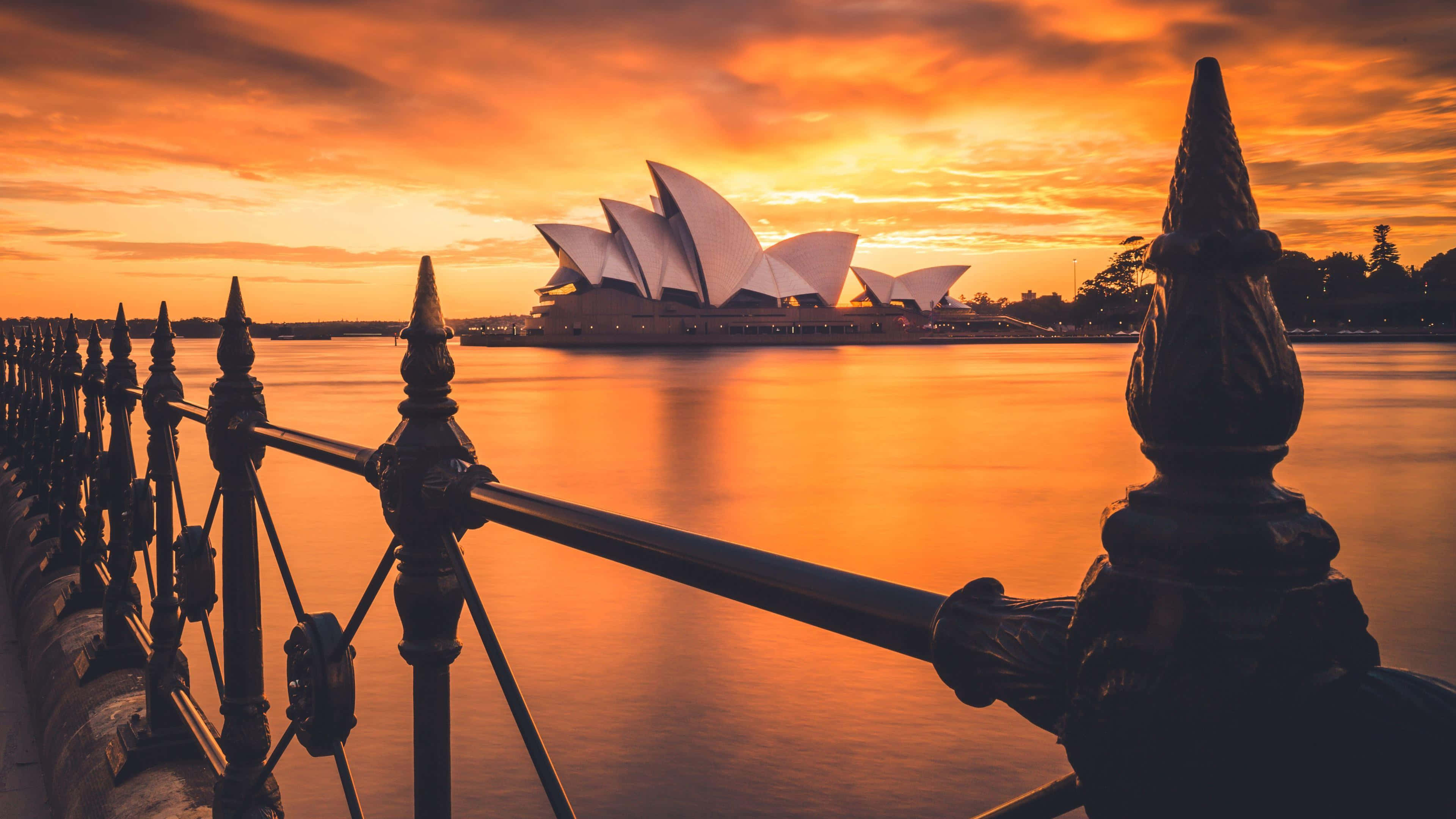 Australia 桌布 壁紙 — 壯麗的日落將雪梨歌劇院沐浴在溫暖的橙色光芒中，其帆影在裝飾鐵欄杆後的平靜水面上倒映。
