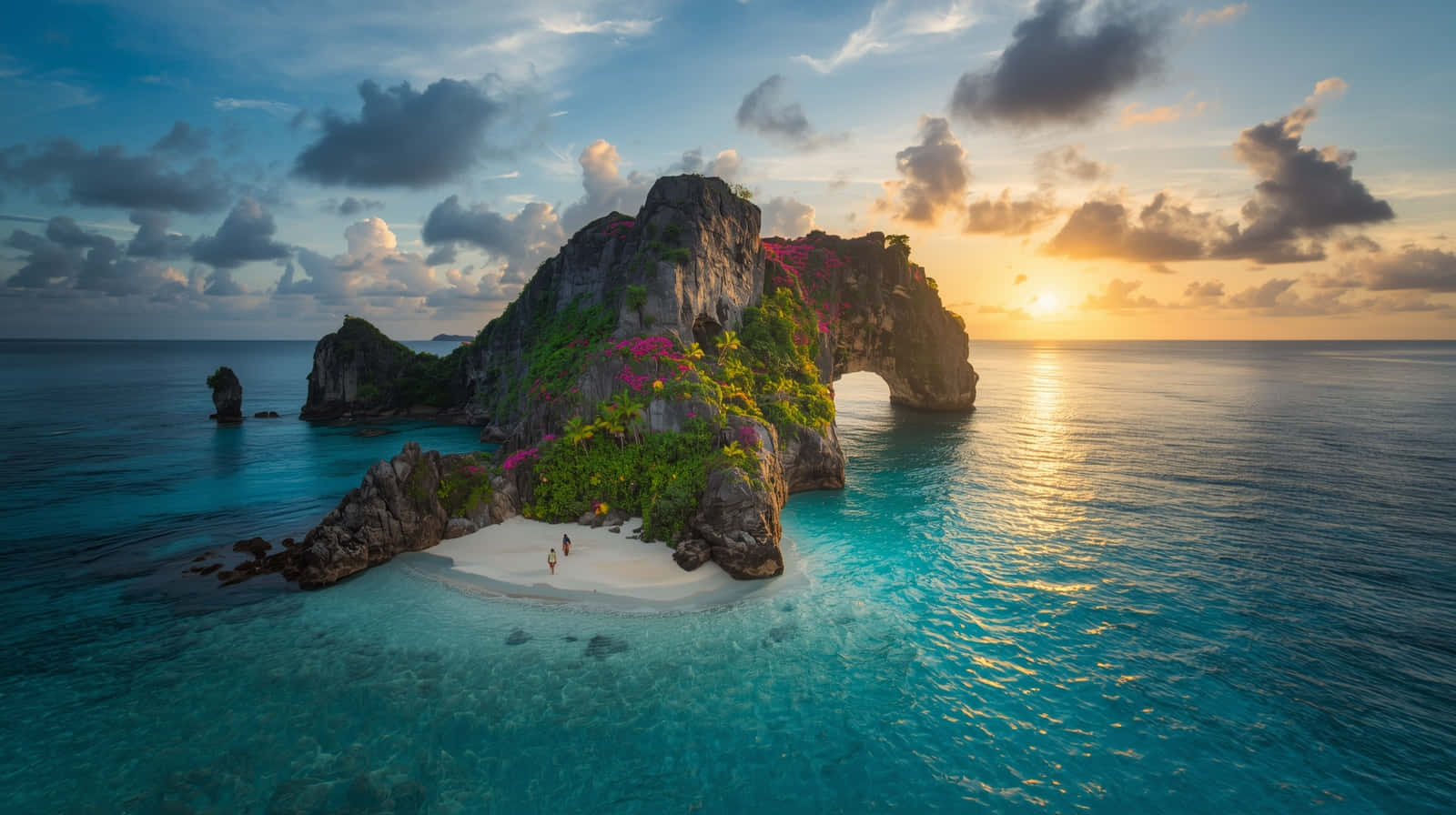 Lush Green Tropical Island with Palm Trees Wallpaper 壁紙 — 壯麗的日落沐浴著一個擁有天然岩石拱門的熱帶島嶼，周圍是充滿活力的碧綠海水和茂密的綠色植物。