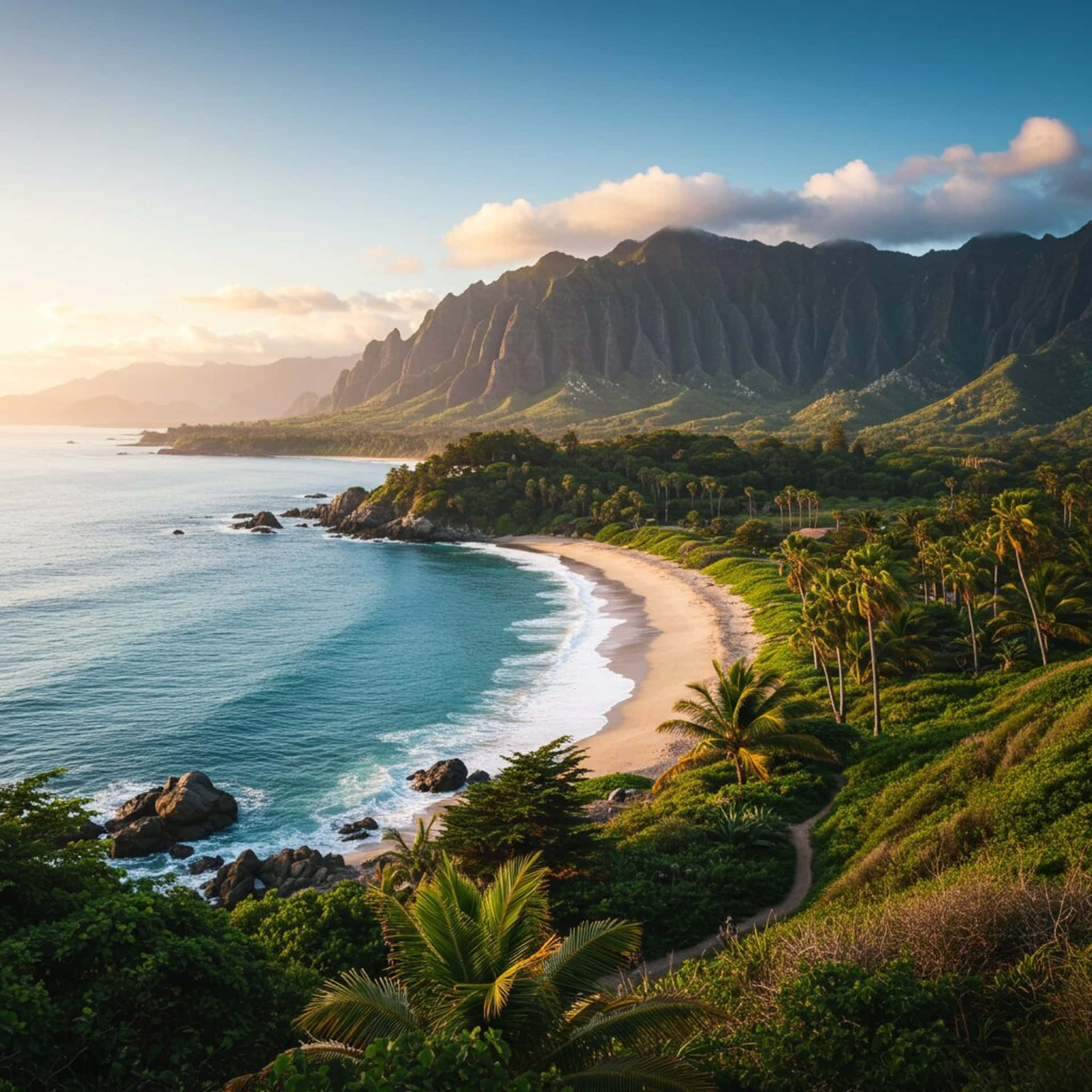 Tropical beach 壁紙 — 壯麗的海岸景觀，呈現出碧綠的海水拍打著沙灘，四周環繞著鬱鬱蔥蔥的綠色山丘和高聳的棕櫚樹，在柔和的藍天中點綴著散落的雲朵。