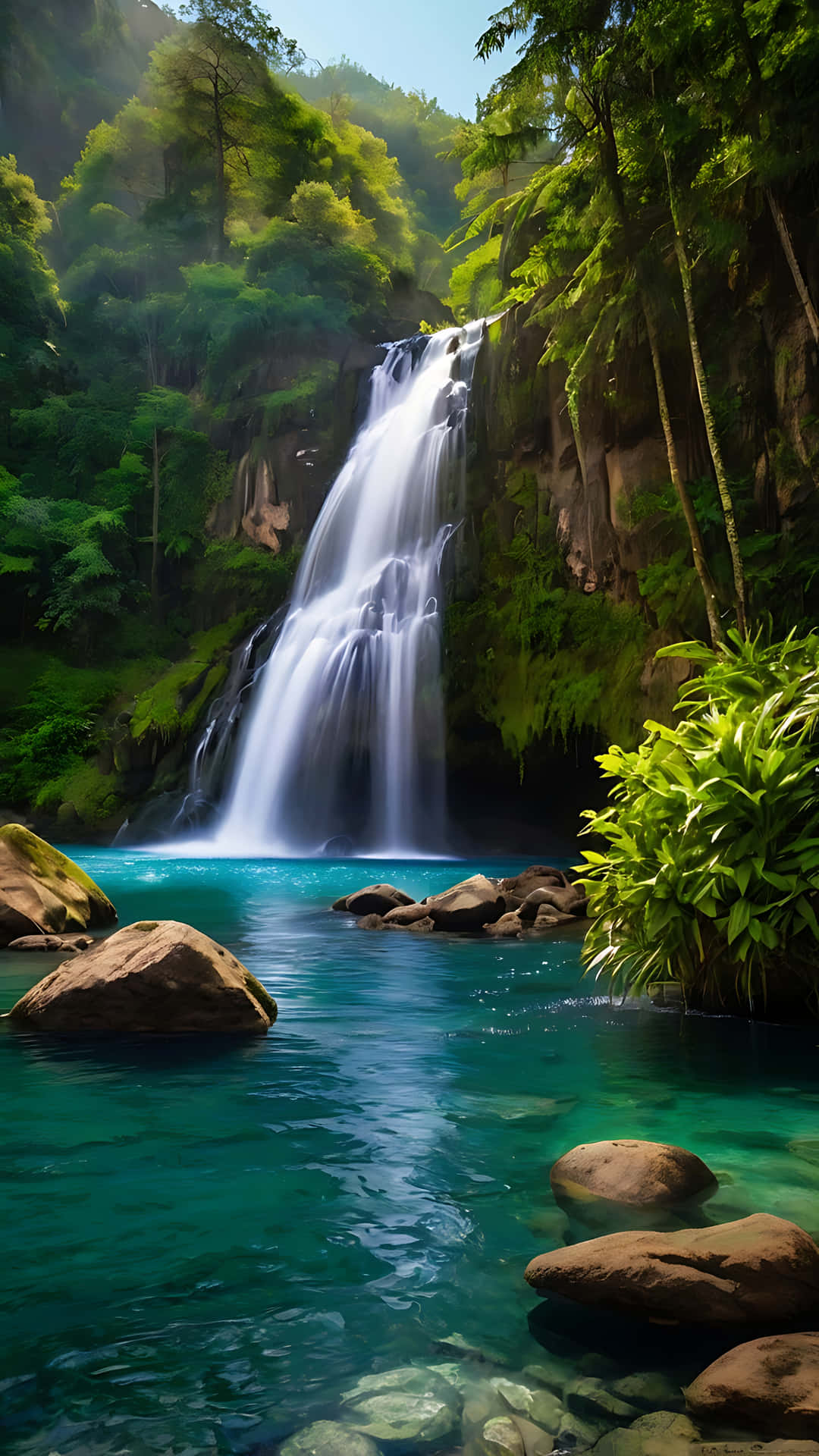 Hidden Paradise – Waterfall and Serenity Unveiled. smartphone wallpaper 壁紙 — 壯麗的瀑布穿過茂密的綠色叢林，落入一個清澈碧綠的水潭，周圍佈滿長滿苔蘚的岩石。
