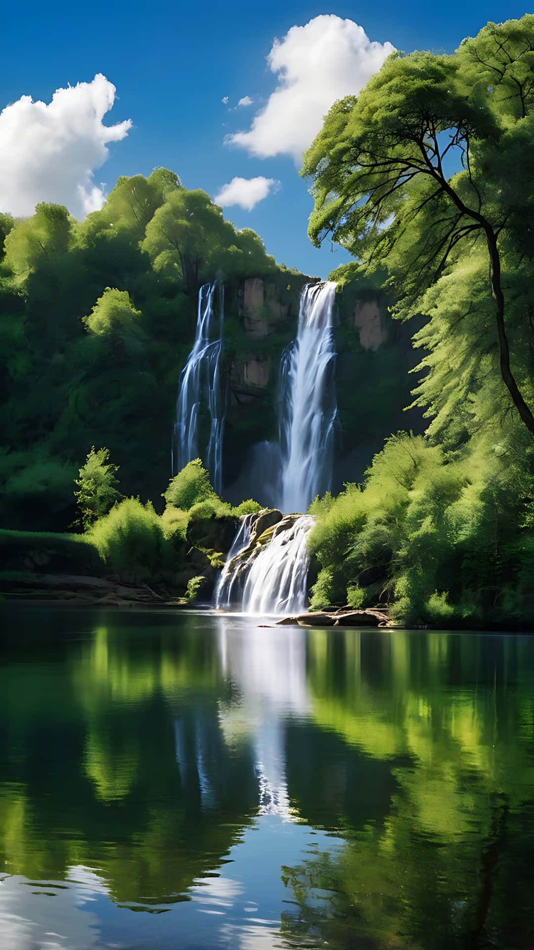 Tranquil Waterfall Reflection Under Blue Skies. smartphone wallpaper 壁紙 — 壯麗的瀑布穿過茂密的綠色森林，流入平靜的倒影池，上方是明亮的藍天和蓬鬆的白雲。