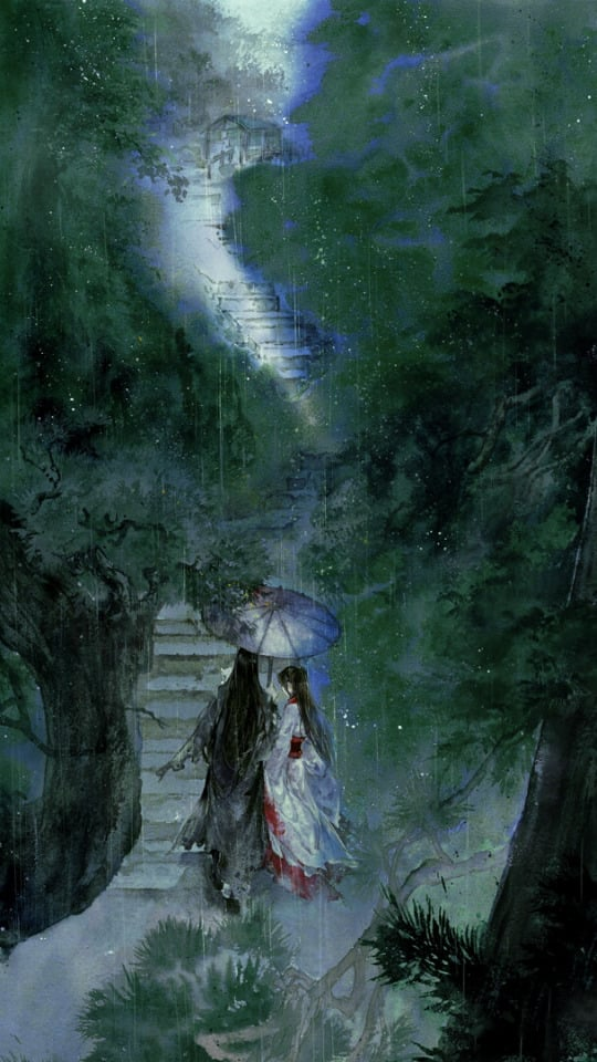 壯麗魔道祖師動漫背景 - 自然中的古樸亭閣 壁紙