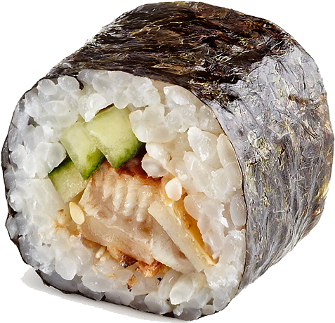 壽司 桌布 壁紙 — 壽司卷切半的特寫，顯示米飯、小黃瓜和烤魚包裹在海苔中。