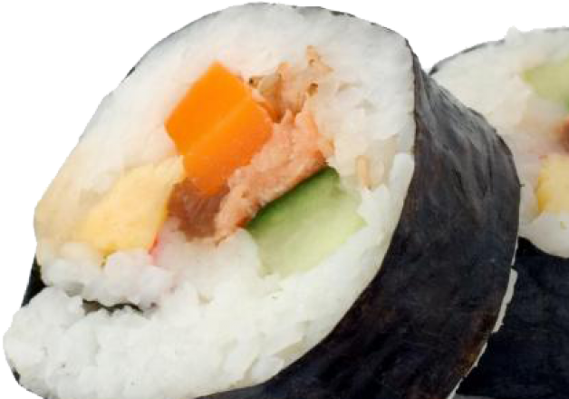 壽司 桌布 壁紙 — 壽司卷的特寫，顯示米飯、海苔和色彩繽紛的餡料，如橙色胡蘿蔔、小黃瓜和黃色醃蘿蔔。