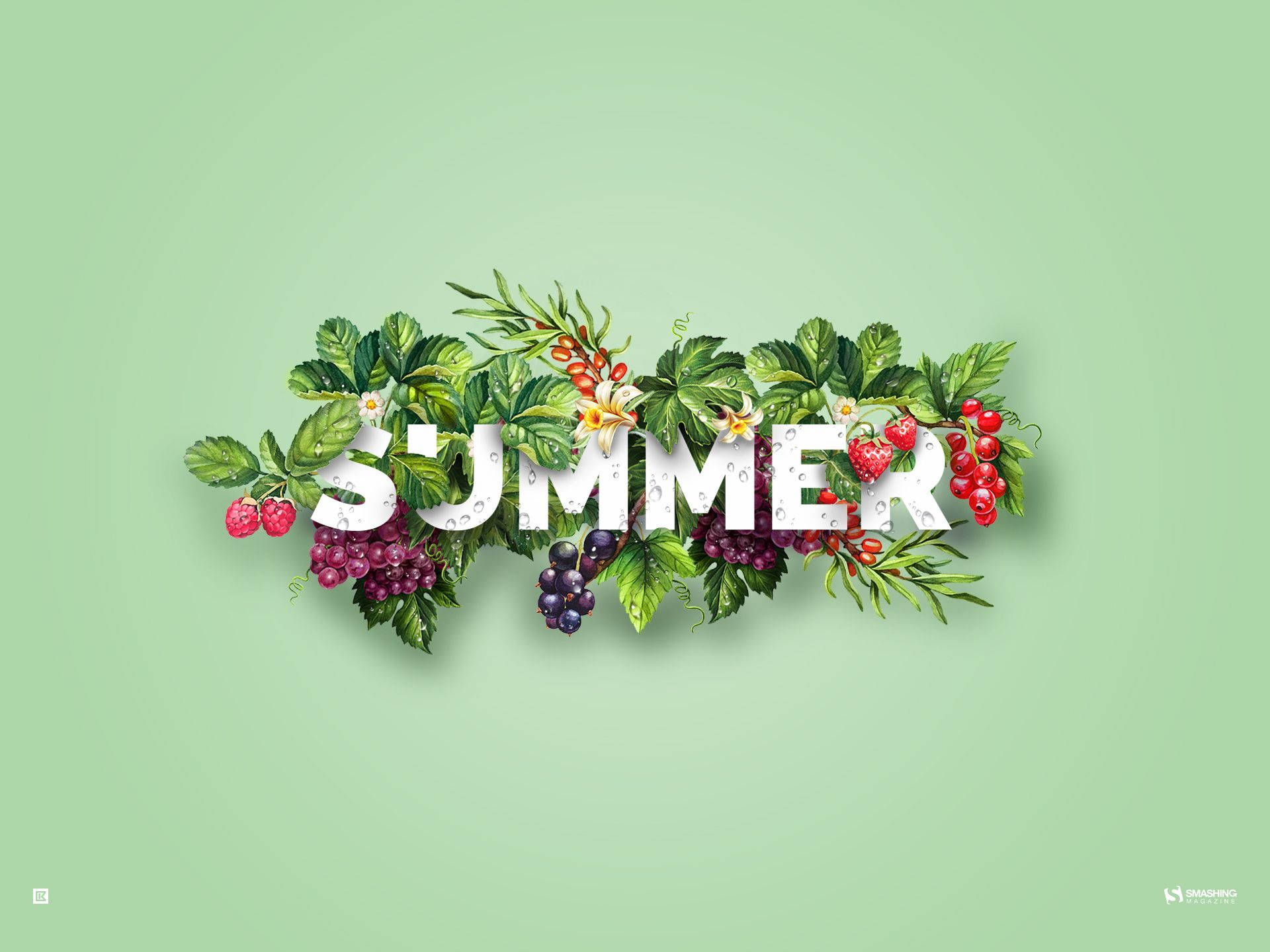 夏天 桌布 壁紙 — 「夏天」一詞由茂密的綠葉和鮮豔的漿果在柔和的薄荷色背景上構成。