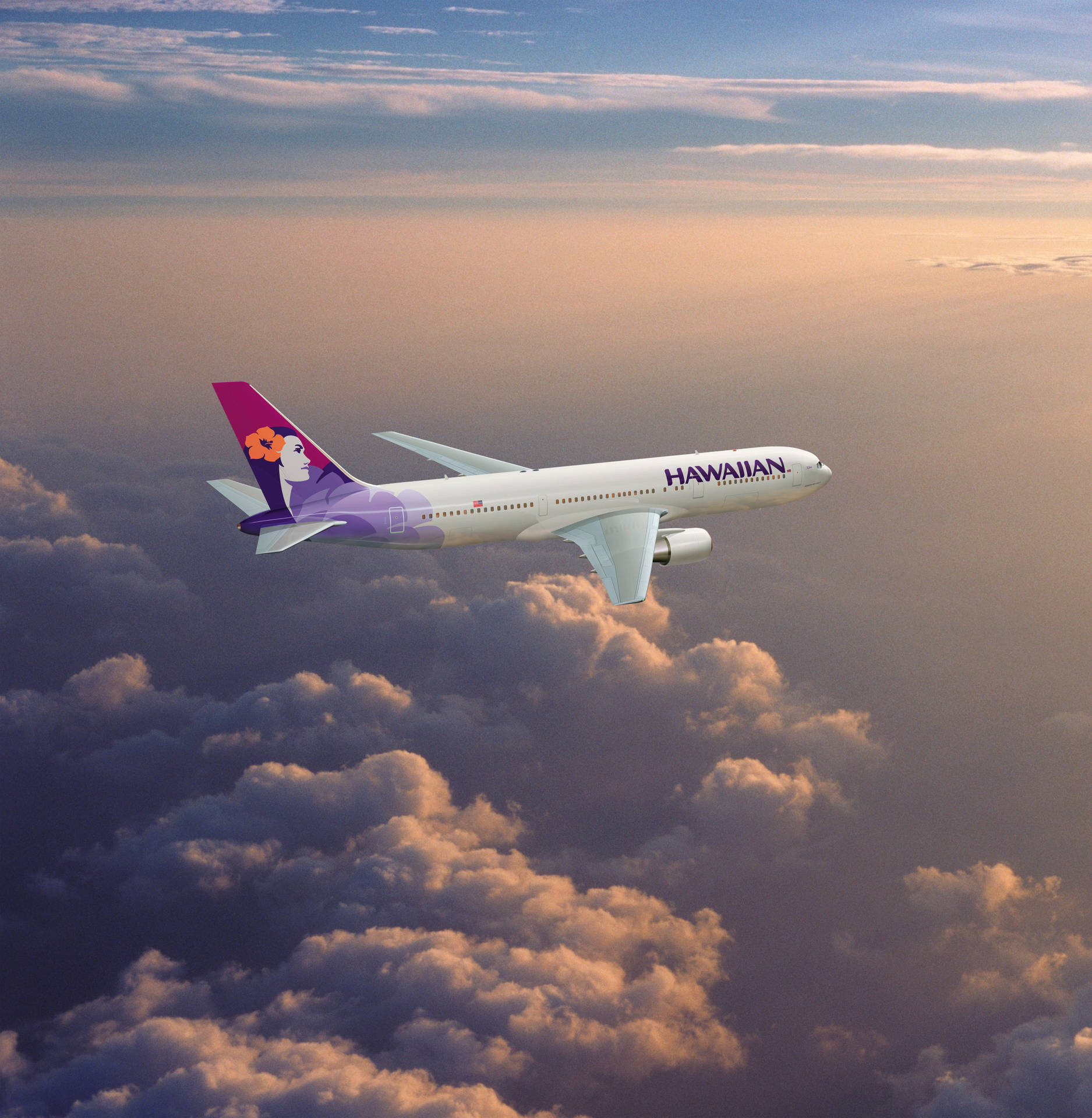 夏威夷航空的飛機在日落時分飛越金色雲層。 — 夏威夷 壁紙