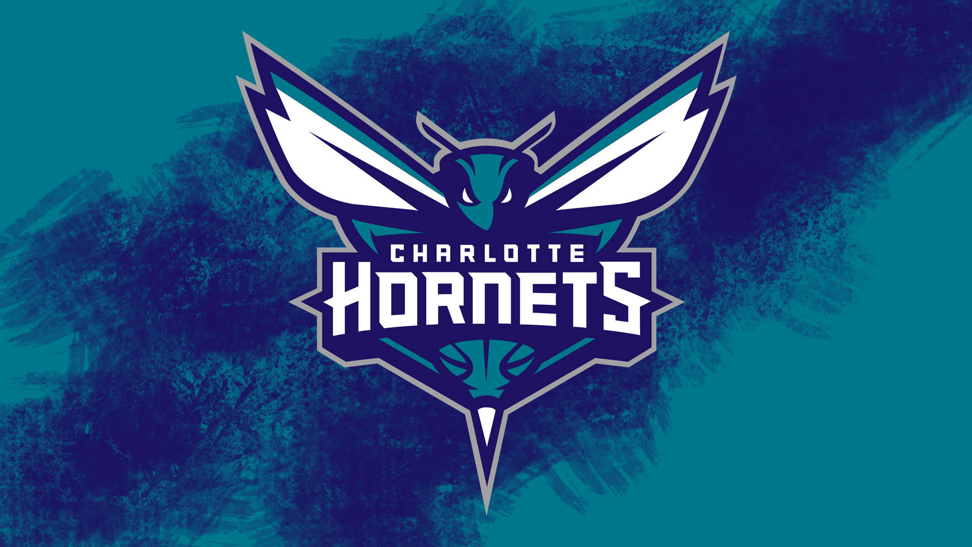 Hornets 桌布 壁紙 — 夏洛特黃蜂隊標誌，在紋理藍色背景上帶有藍綠色和白色的大黃蜂設計。