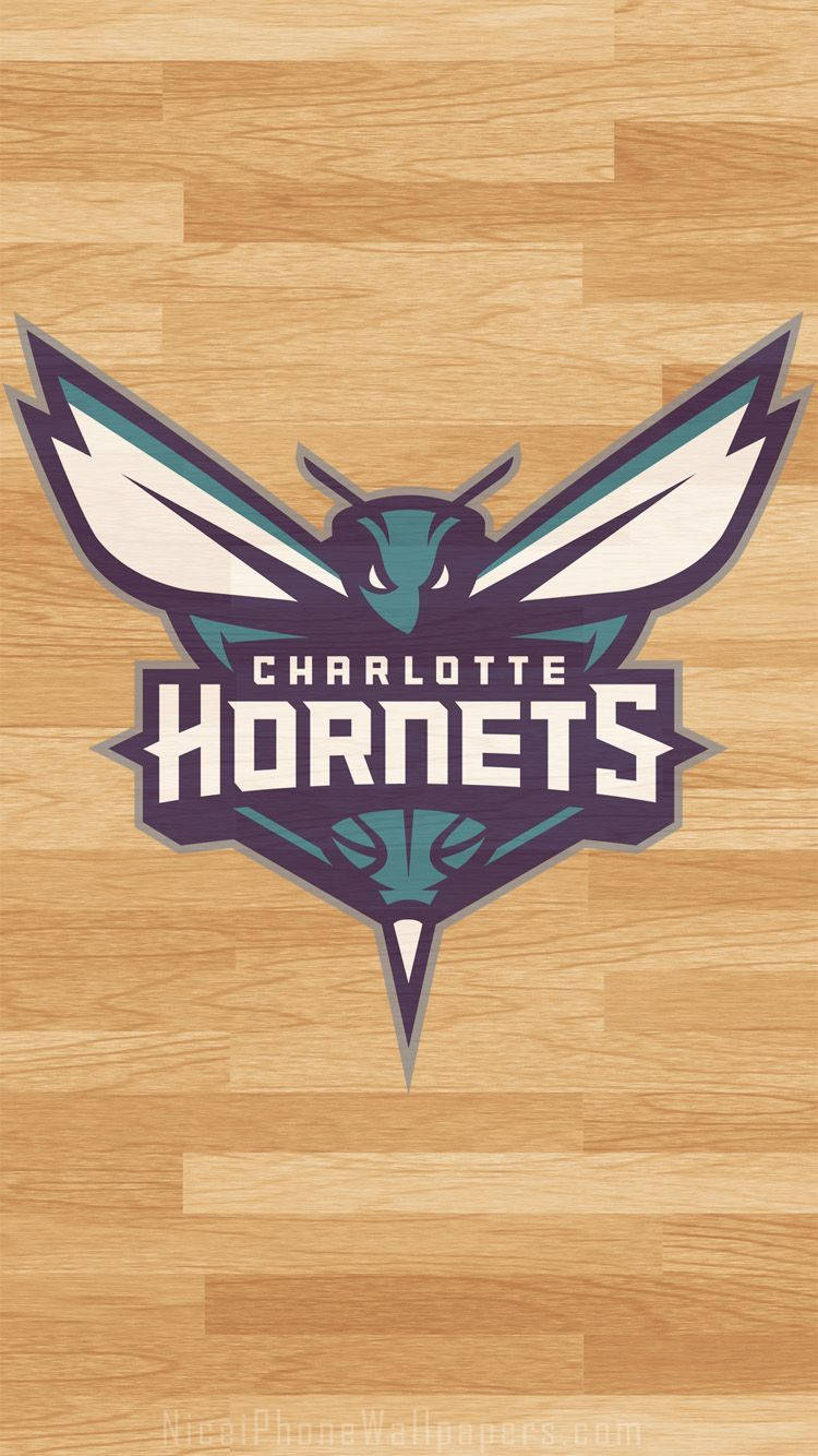 Hornets 桌布 壁紙 — 夏洛特黃蜂隊標誌位於淺色木紋籃球場地板上，木紋清晰可見。