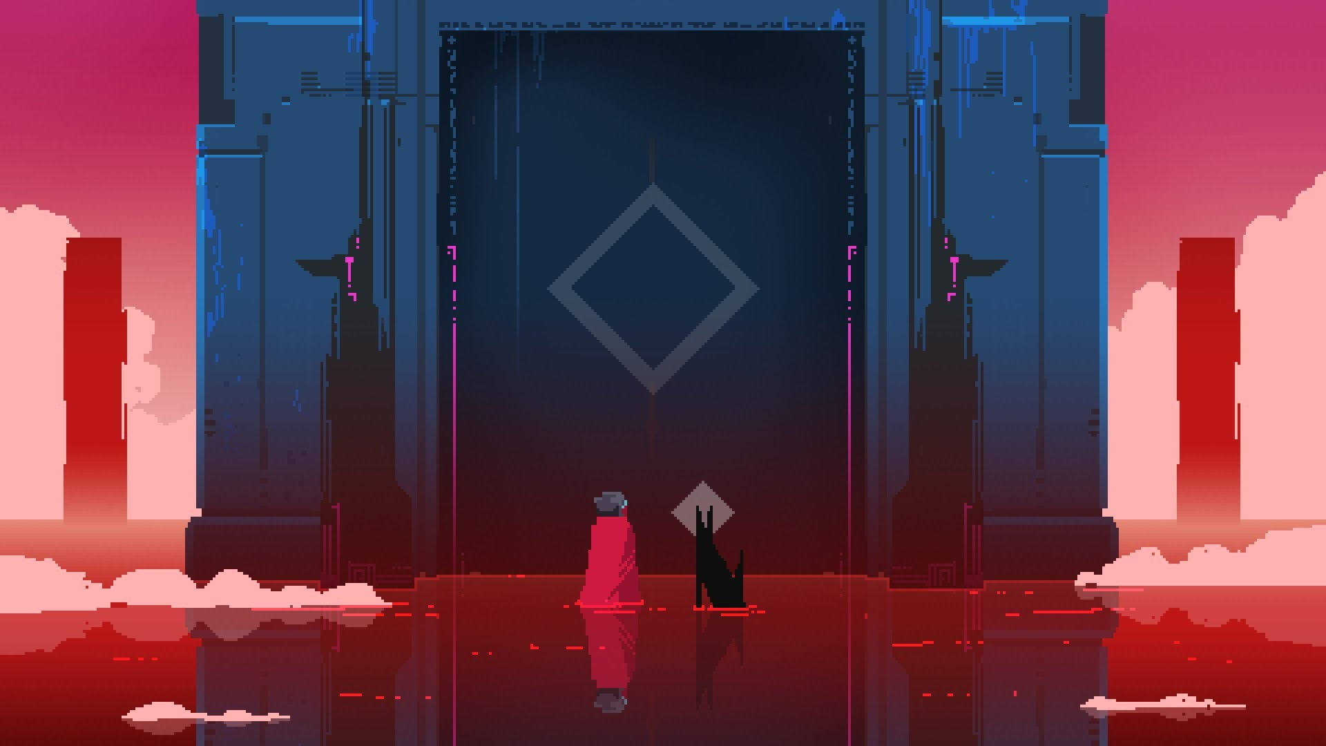 Aesthetic Pixel Art HD 桌布 壁紙 — 夕陽下，一個孤獨的紅色身影站在像素藝術風格的反烏托邦城市景觀中，面對一個發光的藍色傳送門。