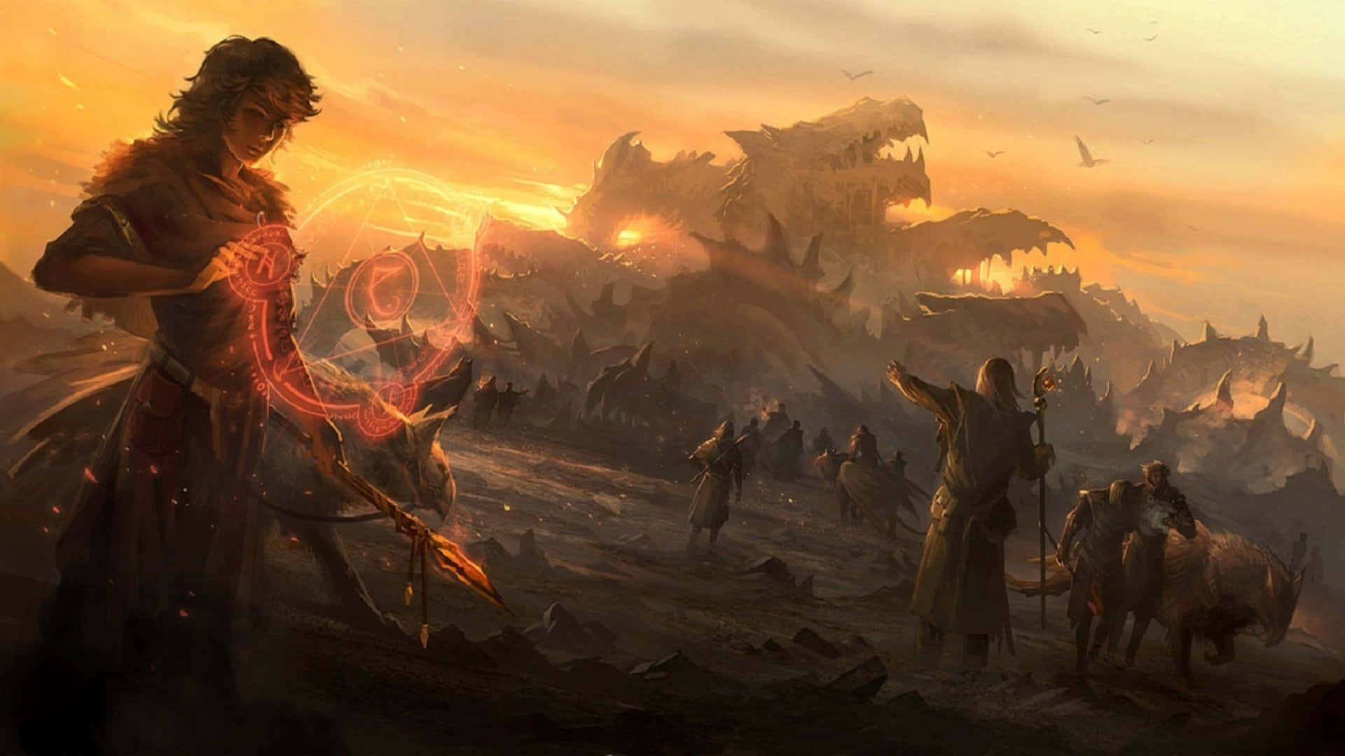 Sorcerer 桌布 壁紙 — 夕陽下，一名孤獨法師在巨大的龍骨要塞前施展發光的紅色魔法。