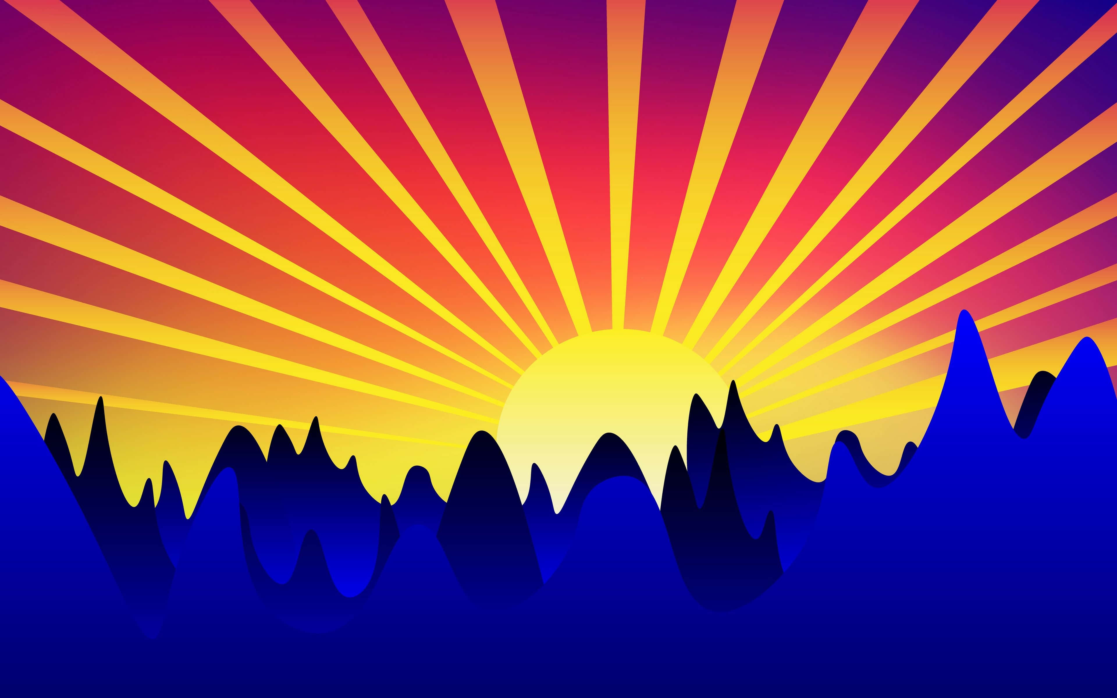 vector 桌布 壁紙 — 夕陽下，充滿活力的太陽爆發在鋸齒狀的藍色山脈剪影上散發出火熱的橙色和黃色光芒。