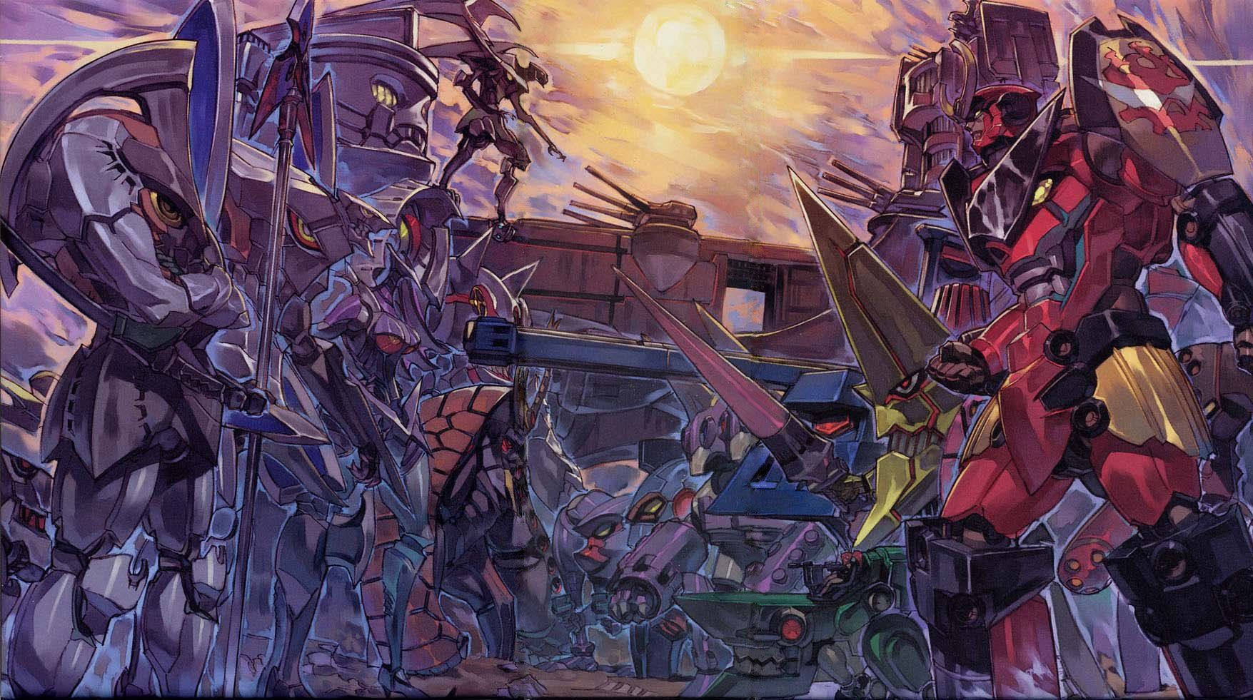 Gurren Lagann 桌布 壁紙 — 夕陽下，巨型機甲在廢墟中激烈碰撞的戲劇性動畫戰鬥場景。