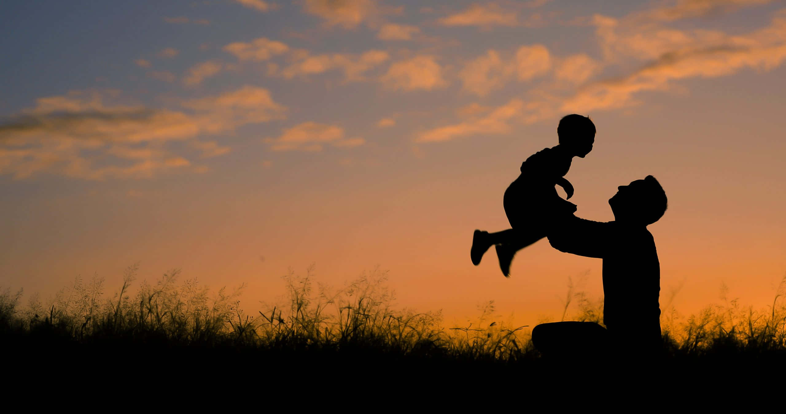 Father And Son 桌布 壁紙 — 夕陽下，父親在草地上高舉孩子的剪影，天空呈現溫暖的橙色和藍色。