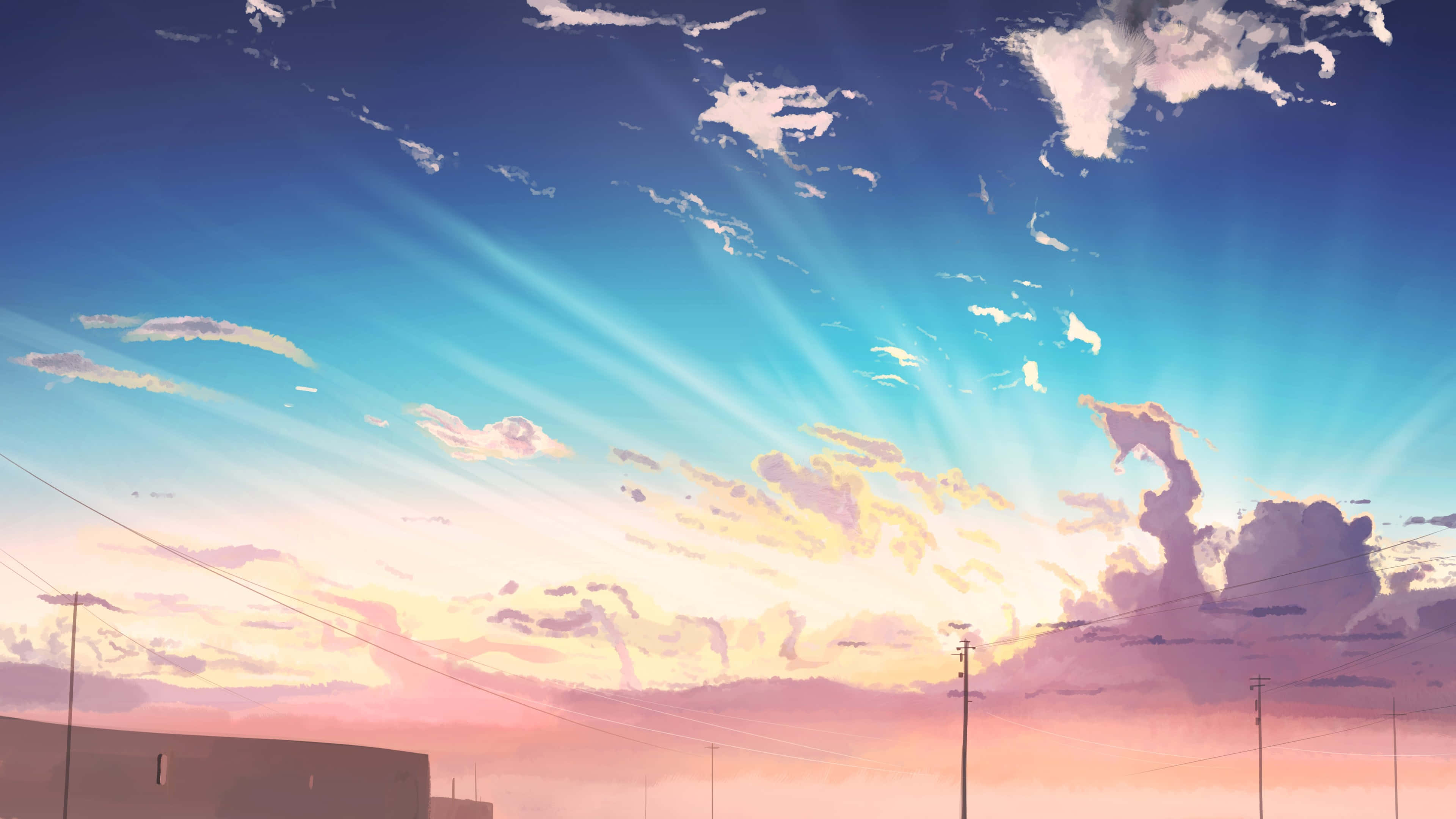 Anime Sky 桌布 壁紙 — 夕陽下，陽光穿透粉彩雲層，照耀在寧靜的城市天際線上。