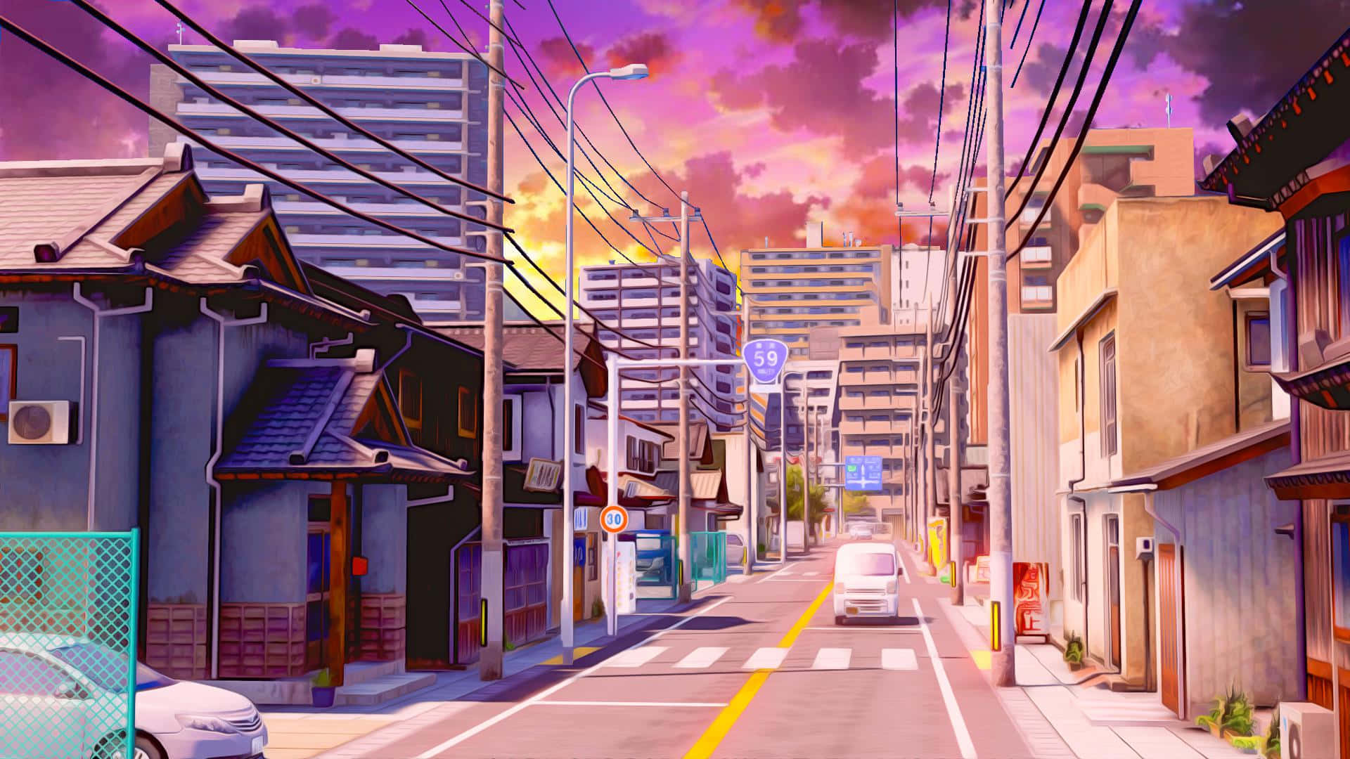 動漫城市 桌布 壁紙 — 夕陽下充滿活力的動漫街景，有傳統和現代建築、架空電線，以及一輛行駛在路上的貨車。