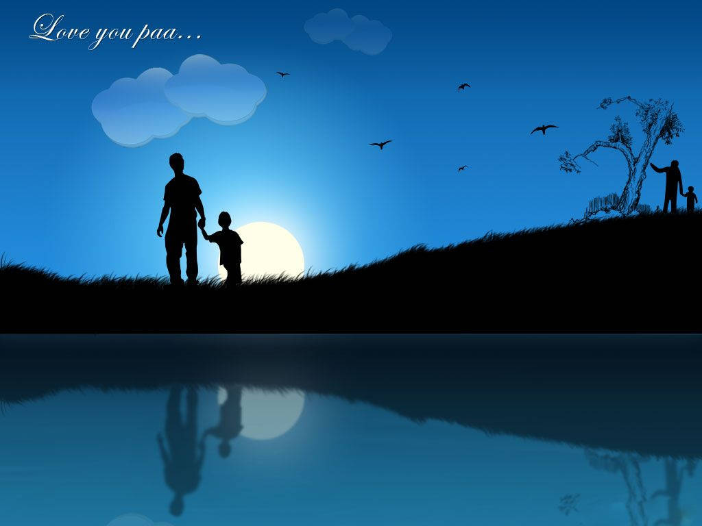 Dad 桌布 壁紙 — 夕陽下父親與孩子手牽手的剪影，倒映在平靜的水面上，鳥兒在頭頂飛翔。