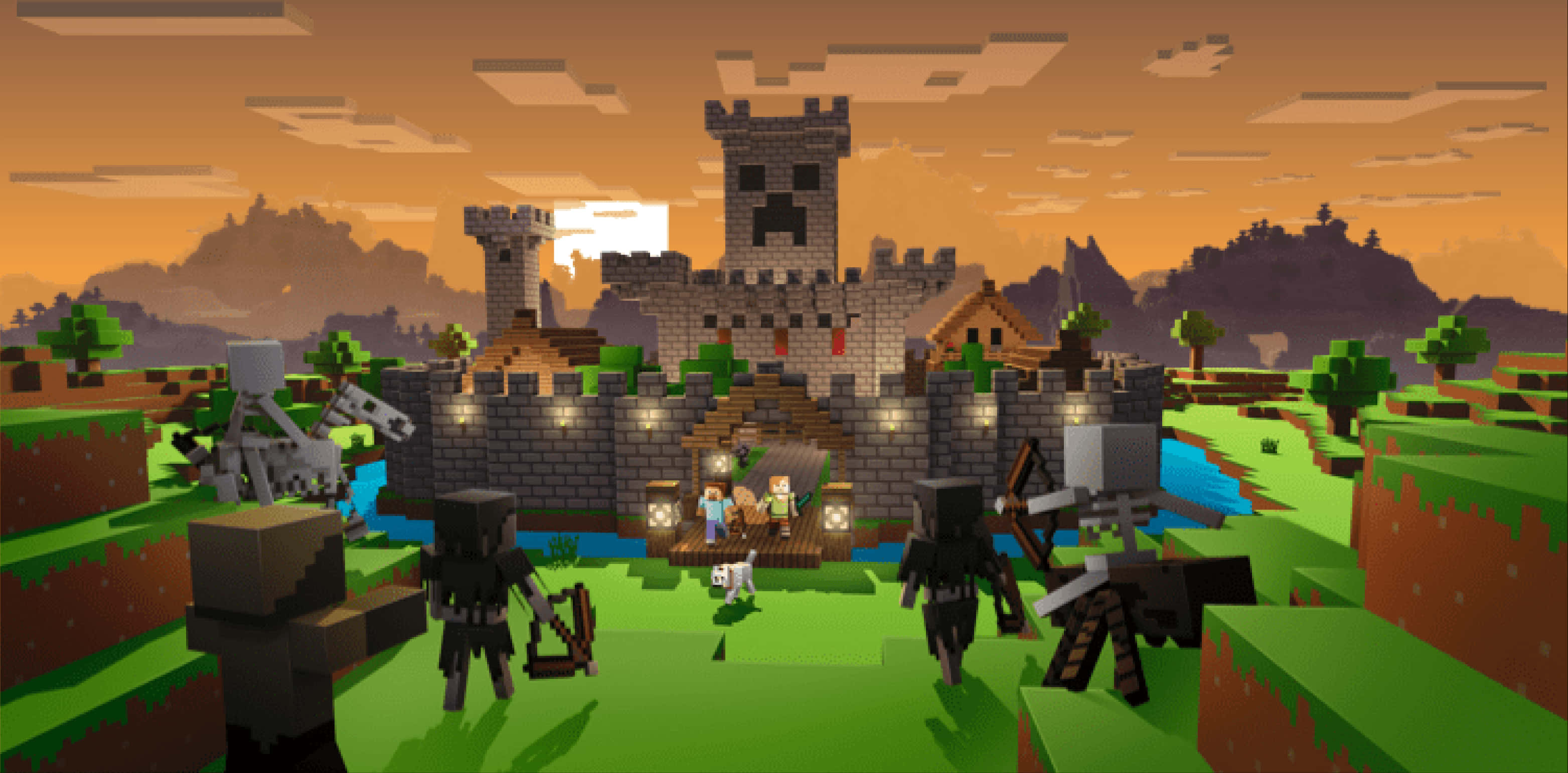 Minecraft Characters 桌布 壁紙 — 夕陽下的Minecraft城堡，像素化的村民和骷髏在方塊景觀中。