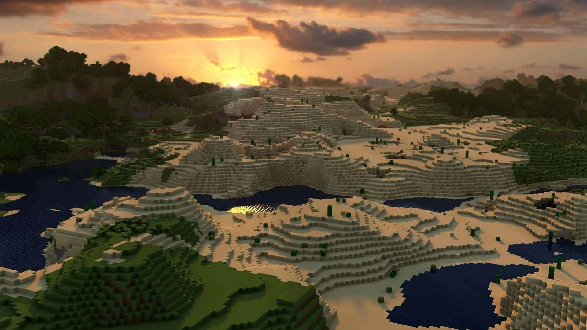 Minecraft Pocket Edition 桌布 壁紙 — 夕陽下的Minecraft景觀，有方塊狀的山脈、河流和森林，天空溫暖橙色。