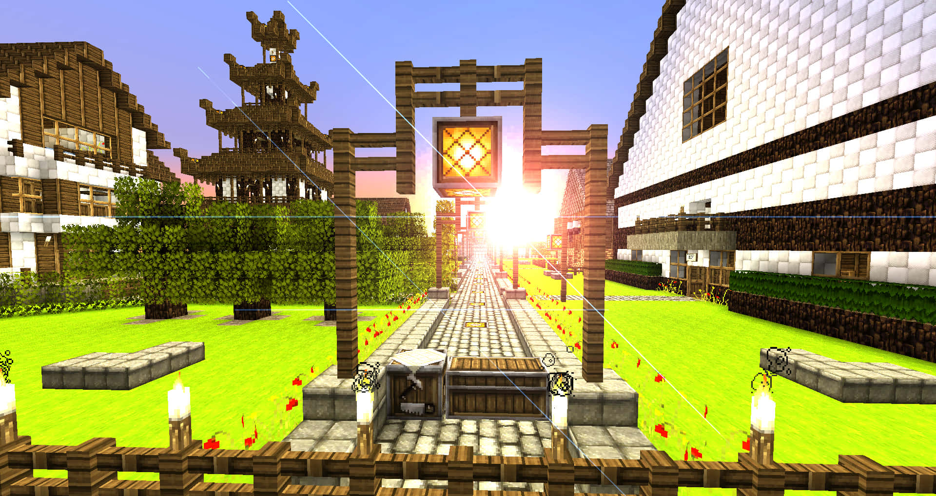 Minecraft Survival 桌布 壁紙 — 夕陽下的Minecraft村莊，木製鳥居發出溫暖光芒。