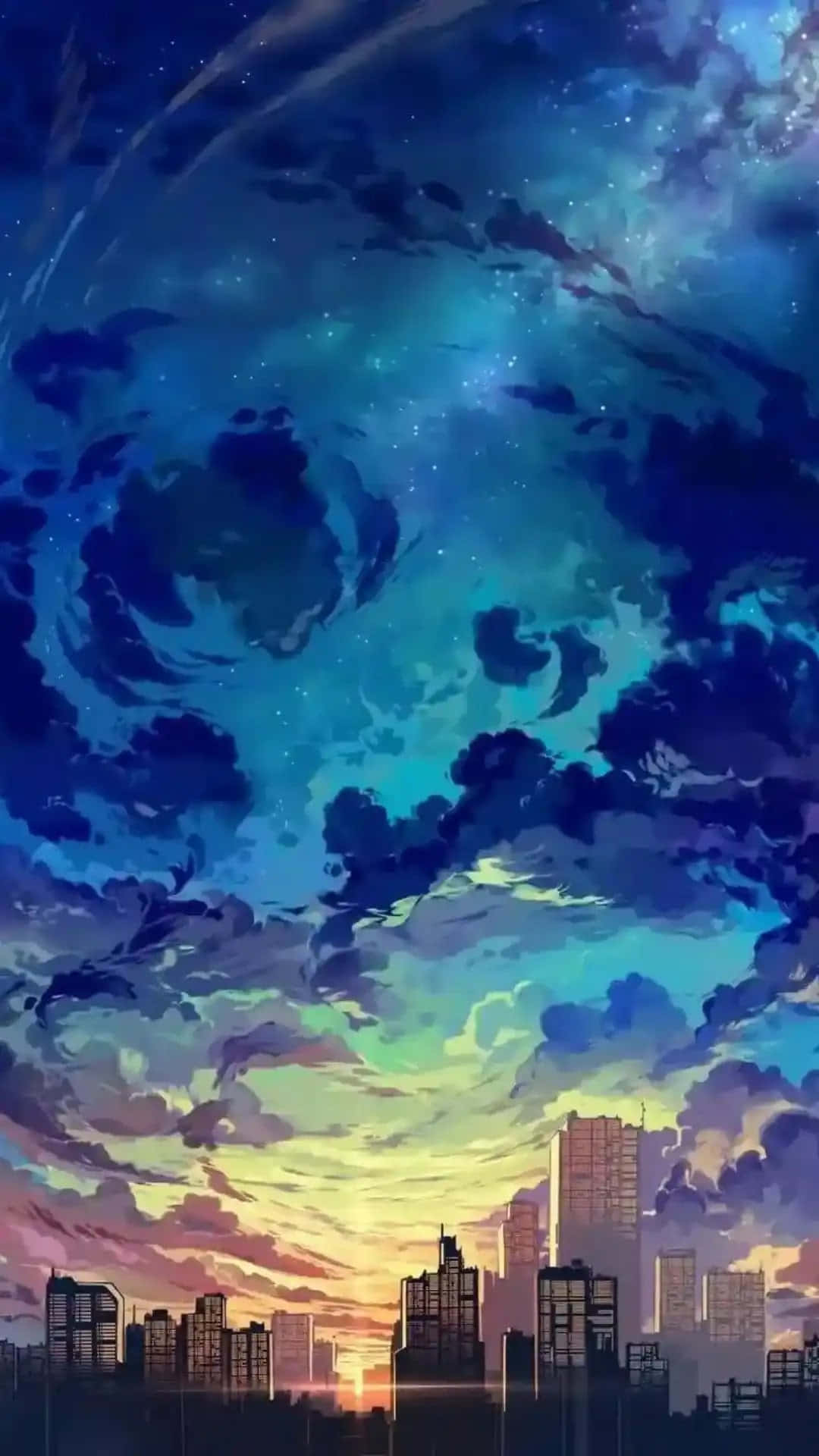 Cool Anime Blue 桌布 壁紙 — 夕陽下的城市天際線，下方是充滿星星和星雲的漩渦宇宙天空，呈現深藍和紫色調。